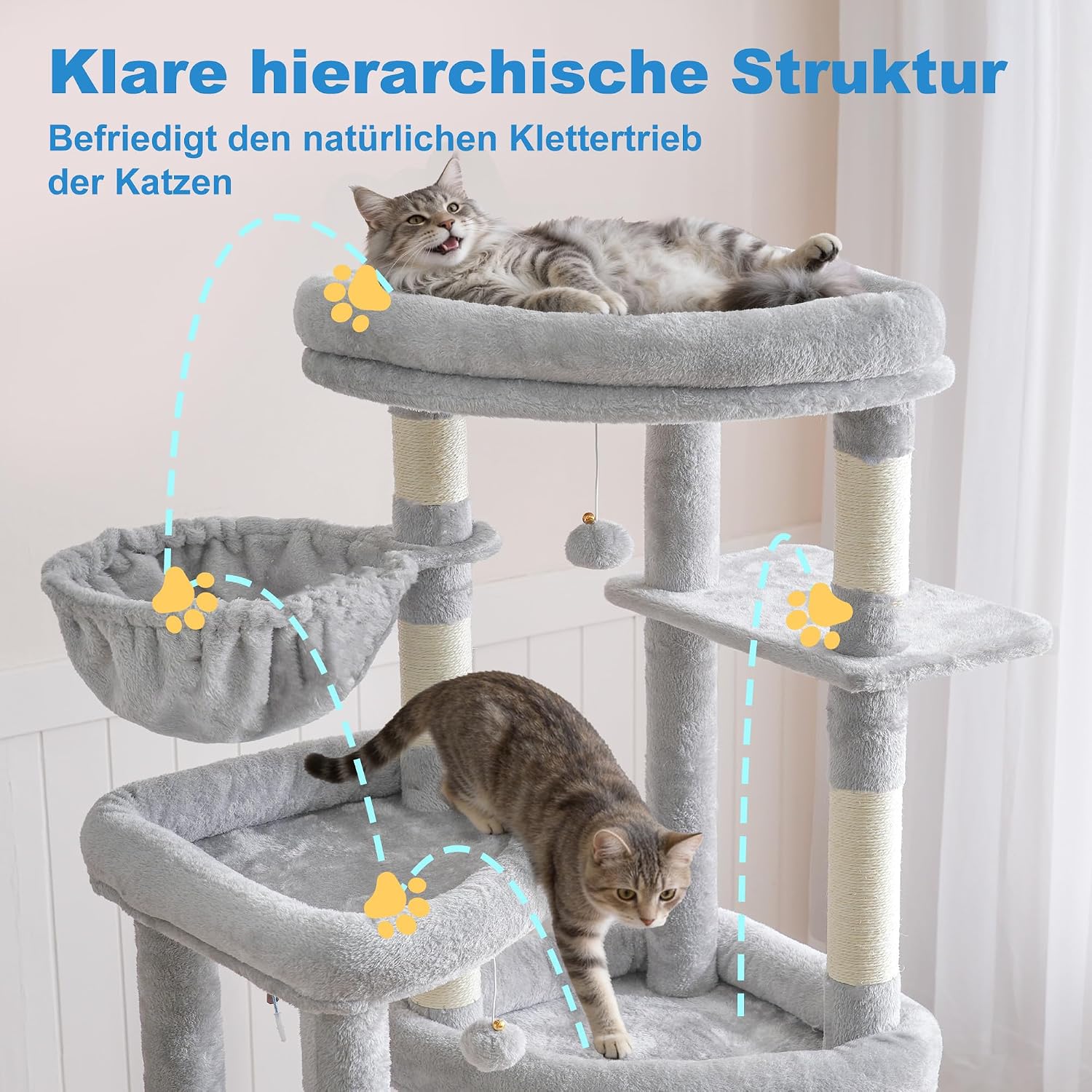 Thumbnail 2 de Hey-brother Katzenbaum 171 cm – stabiler Kratzbaum mit 3 Plattformen, 2 Höhlen und 2 Katzenbetten (Hellgrau, MPJ084W)