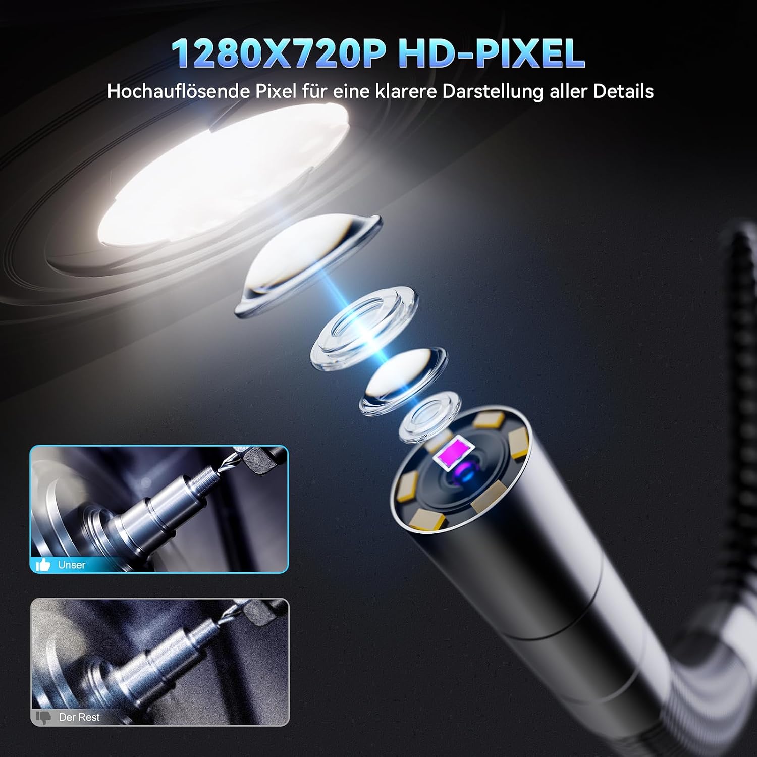 Detalle de Ralcam M606X-S1M endoskopkamera med 360°-sond, 5-tumsskärm och IP67