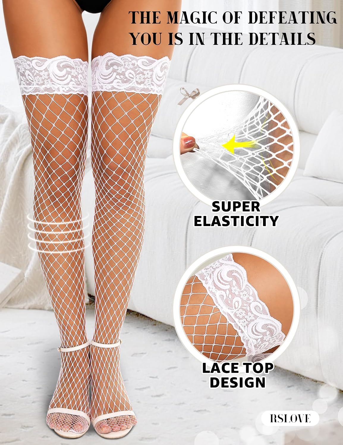 Detalle de RSLOVE Bas autofixants femme en résille avec dentelle antidérapante silicone