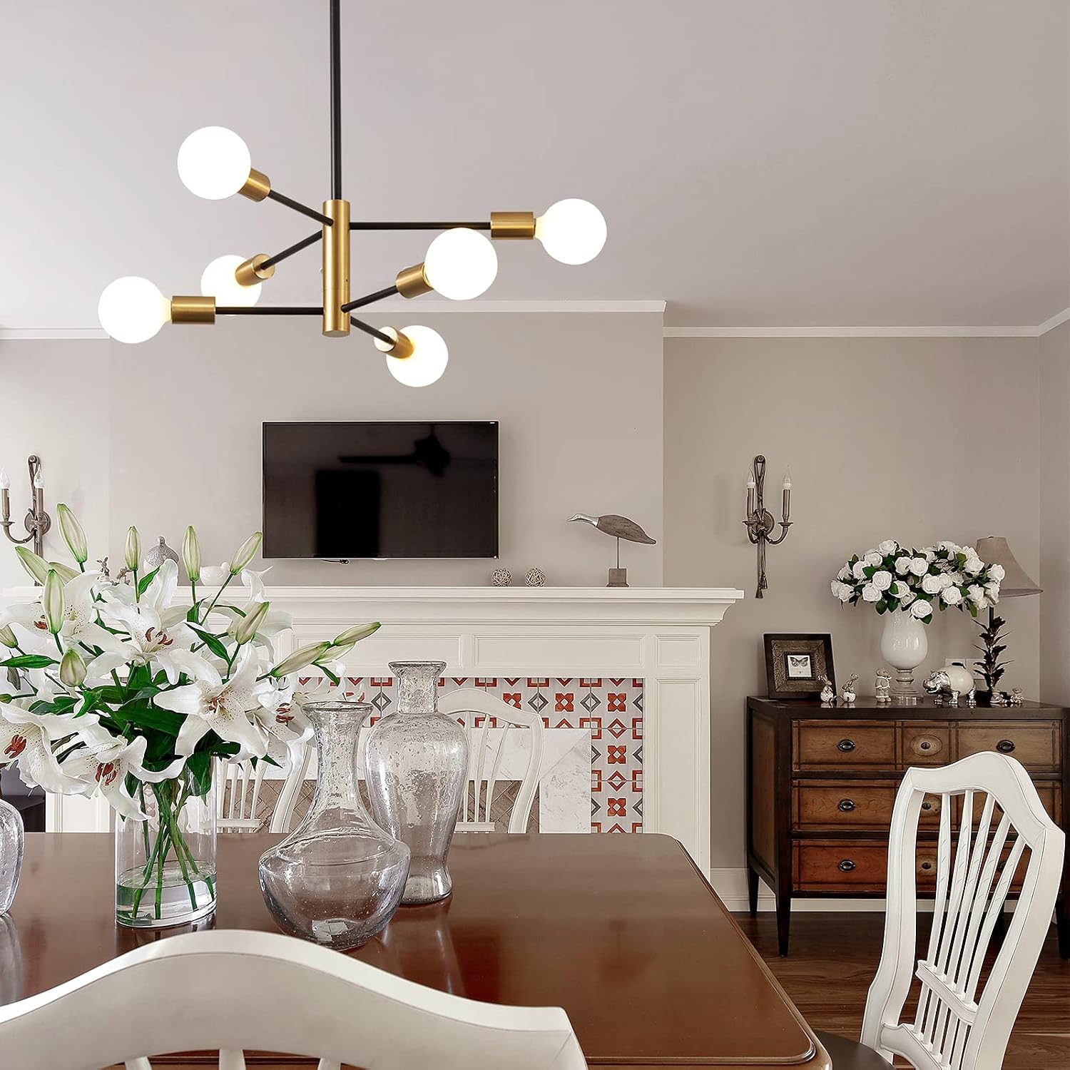 Detalle 2 de KAISITE 8006-6C Sputnik Chandelier, 6-Light Black and Gold, Adjustable Height