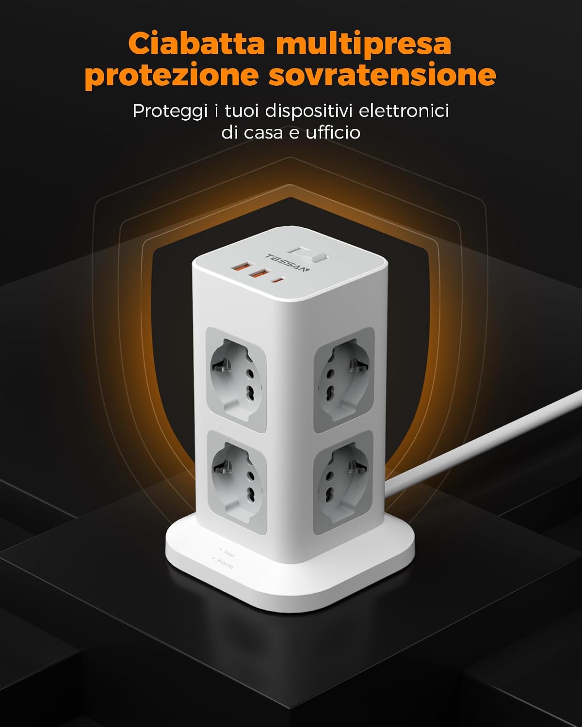 Detalle de TESSAN ciabatta multipresa verticale con 8 prese IT e USB 20W (3680W) con protezione da sovratensione