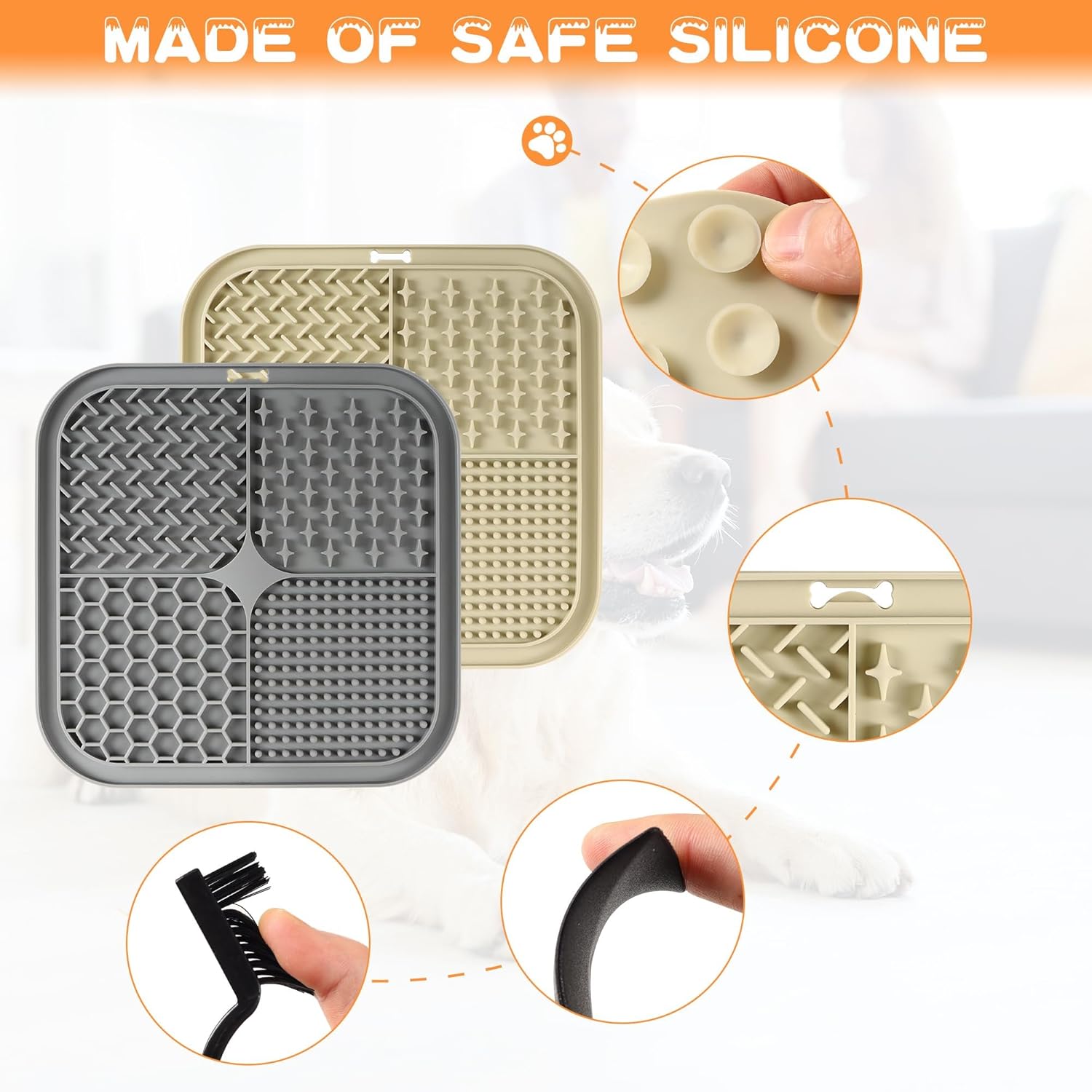Detalle de BASVII 2 PCS Tappetino Leccare Cane e Gatti con Ventose – Set 20x20 cm in silicone con raschietto e spazzola, comfort e igiene al bagno e all’addestramento