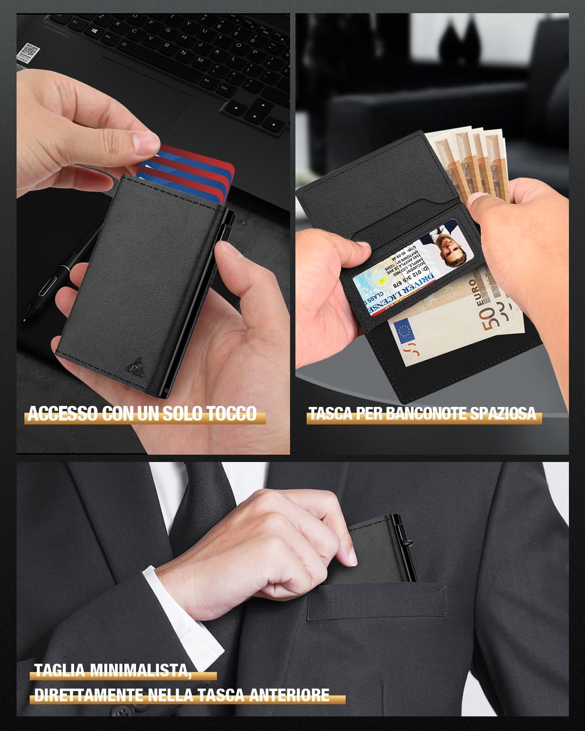 Detalle de Porta Carte di Credito Uomo Slim: Portafoglio con Blocco RFID, Chiusura Magnetica e Finestrella ID