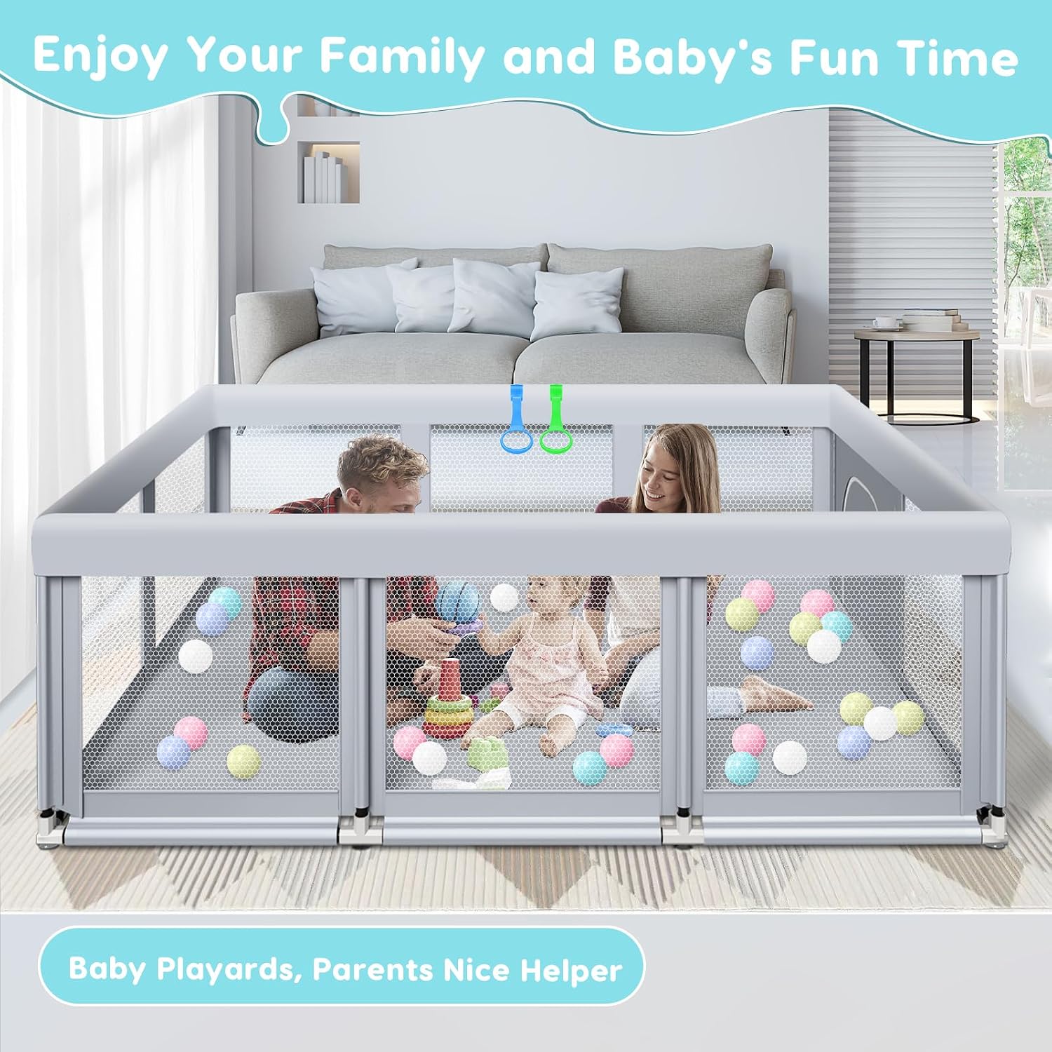 Detalle 2 de Fshibila 74" x 50" x 27" Large Baby Playpen with Mesh, 18 Balls & 2 Handles