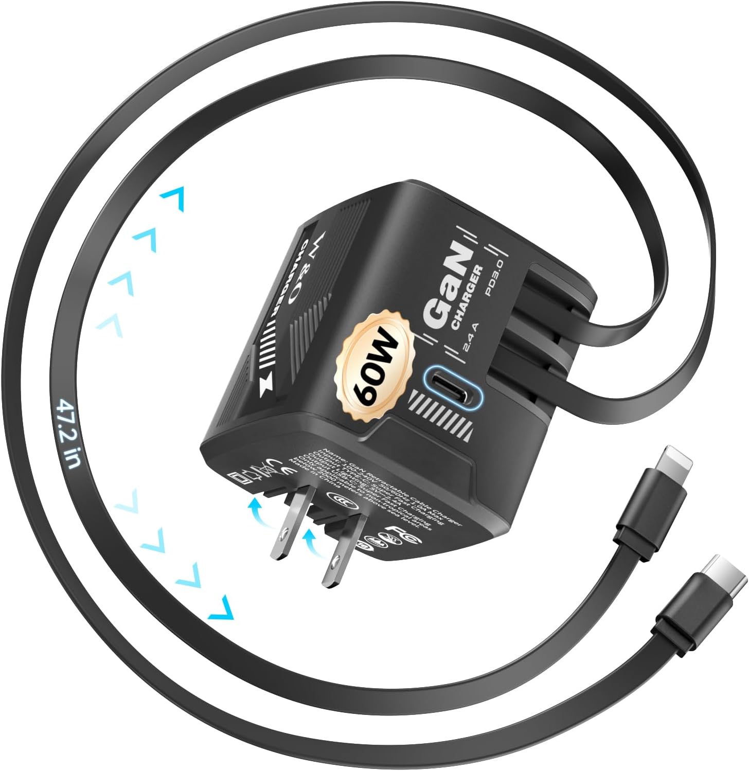 Detalle de W & O Retractable Wall Charger 60W GaN Fast Charger with Built-in 47.2" USB-C & Lightning Cables