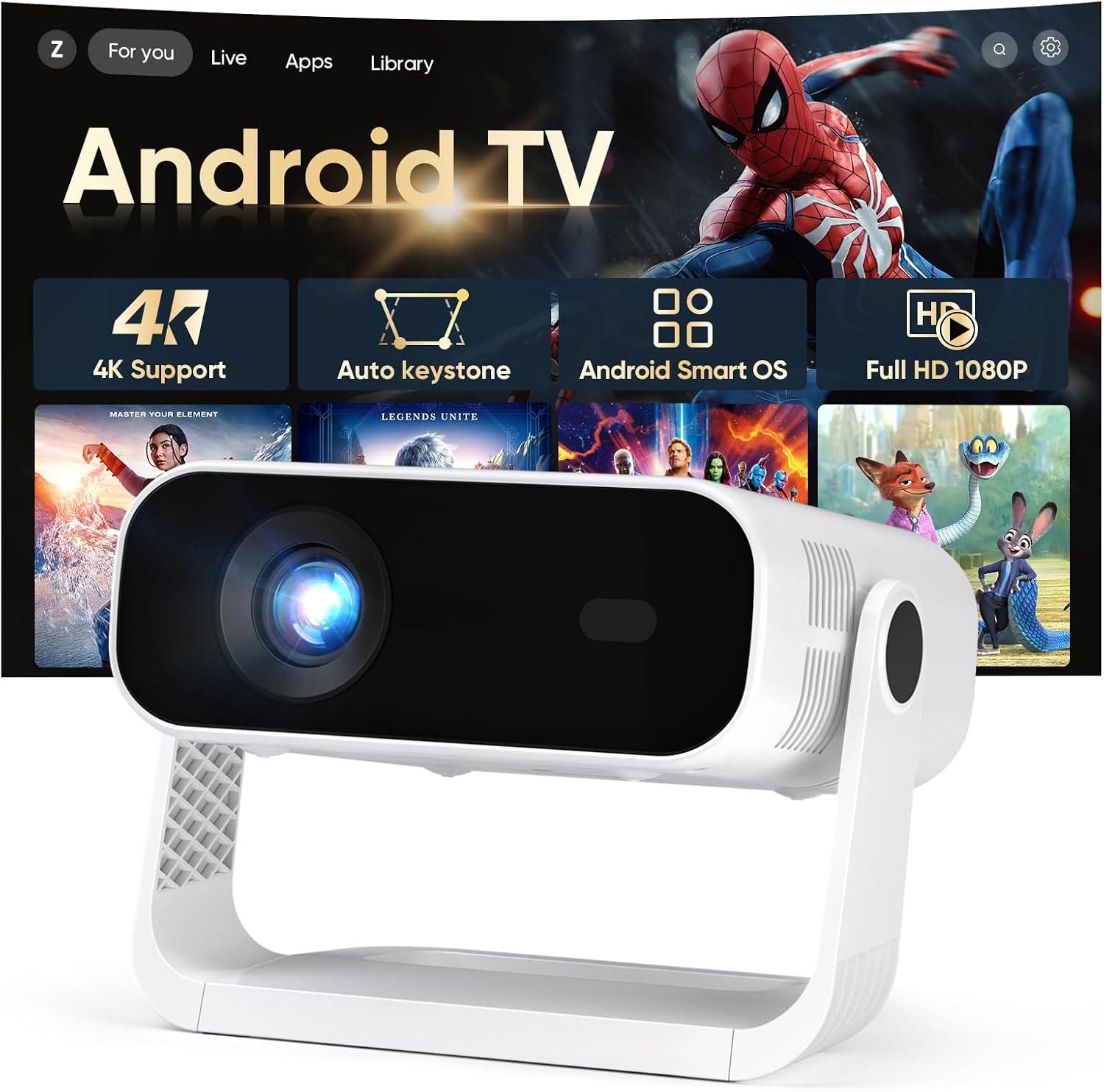Detalle de 2026 New Smart Projector with Android 14: Built-in Apps, Native 1080p, 4K Support and Wireless Convenience