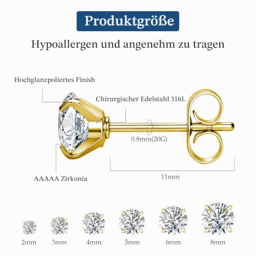 Detalle de Sweetkiki 6 Paar Zirkonia Ohrstecker Gold Set – 316L Chirurgenstahl, nickelfrei, hypoallergen