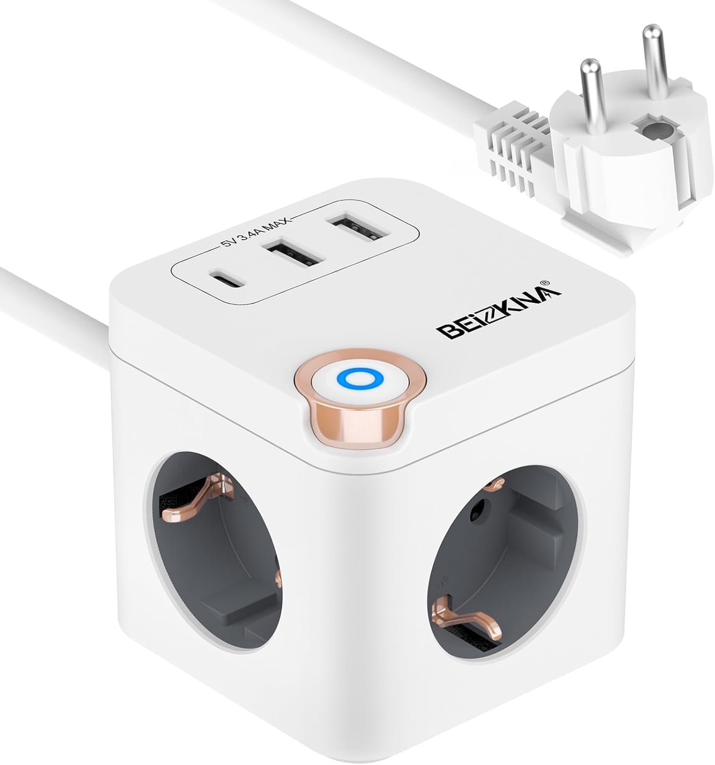 Detalle de Beizkna Steckdosenwürfel mit USB-C: 3-fach Mehrfachsteckdose mit Überspannungsschutz, Schalter und 1,5 m Kabel