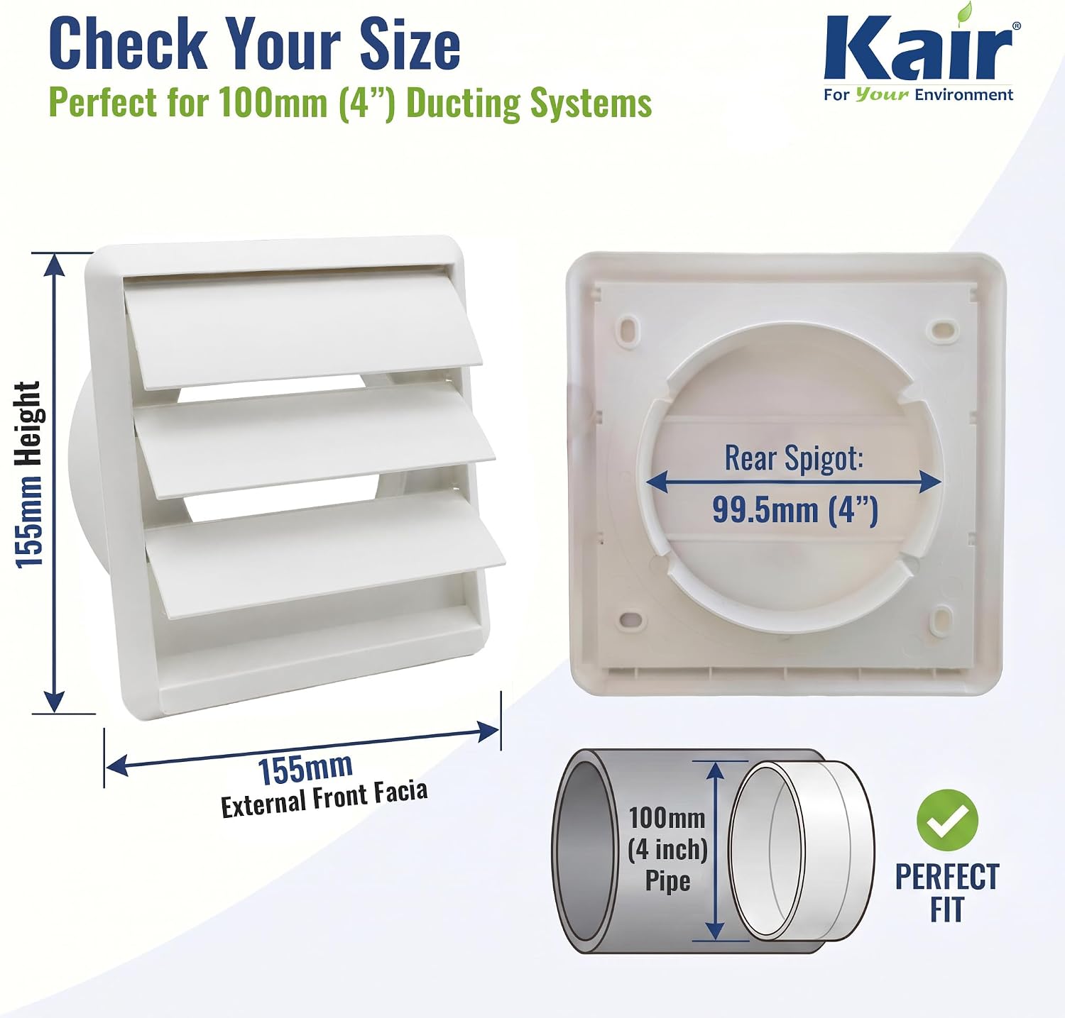 Thumbnail 2 de Kair White 100mm Gravity Wall Vent Grille with 155mm Cover and 99.5mm Rear Spigot