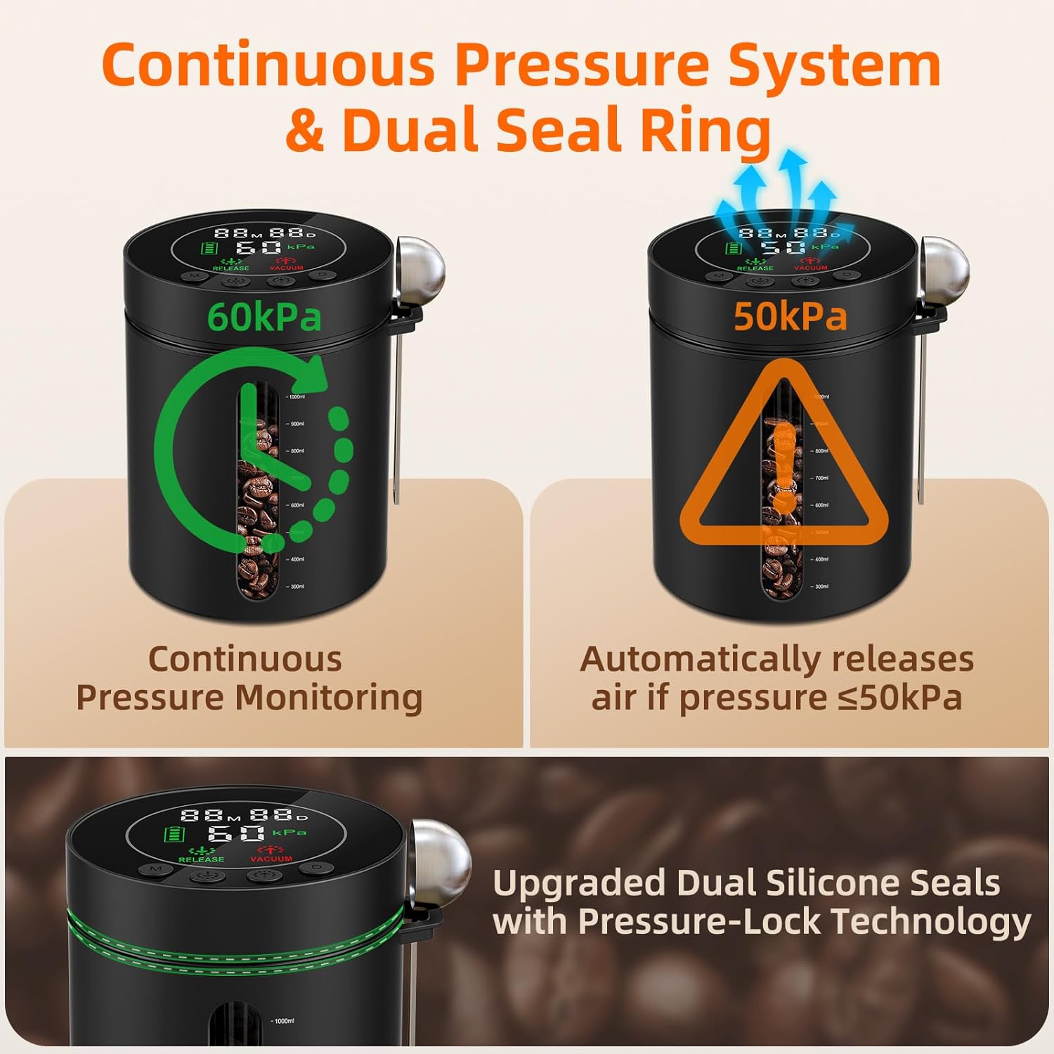 Detalle de Automatic Vacuum Coffee Canister (1.3L) with Smart Pressure Sensor, LED Window & Rechargeable Battery