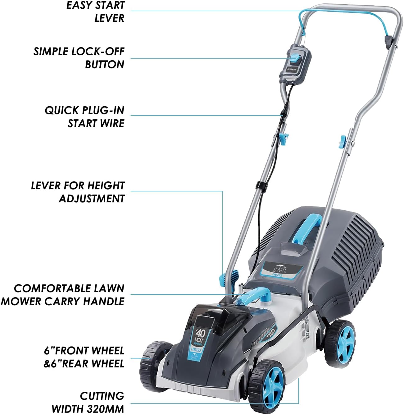 Detalle de Swift 40V Cordless Lawnmower (Brushless) – 32cm cutting width, 30L grass box, 1x 2.0Ah battery & charger