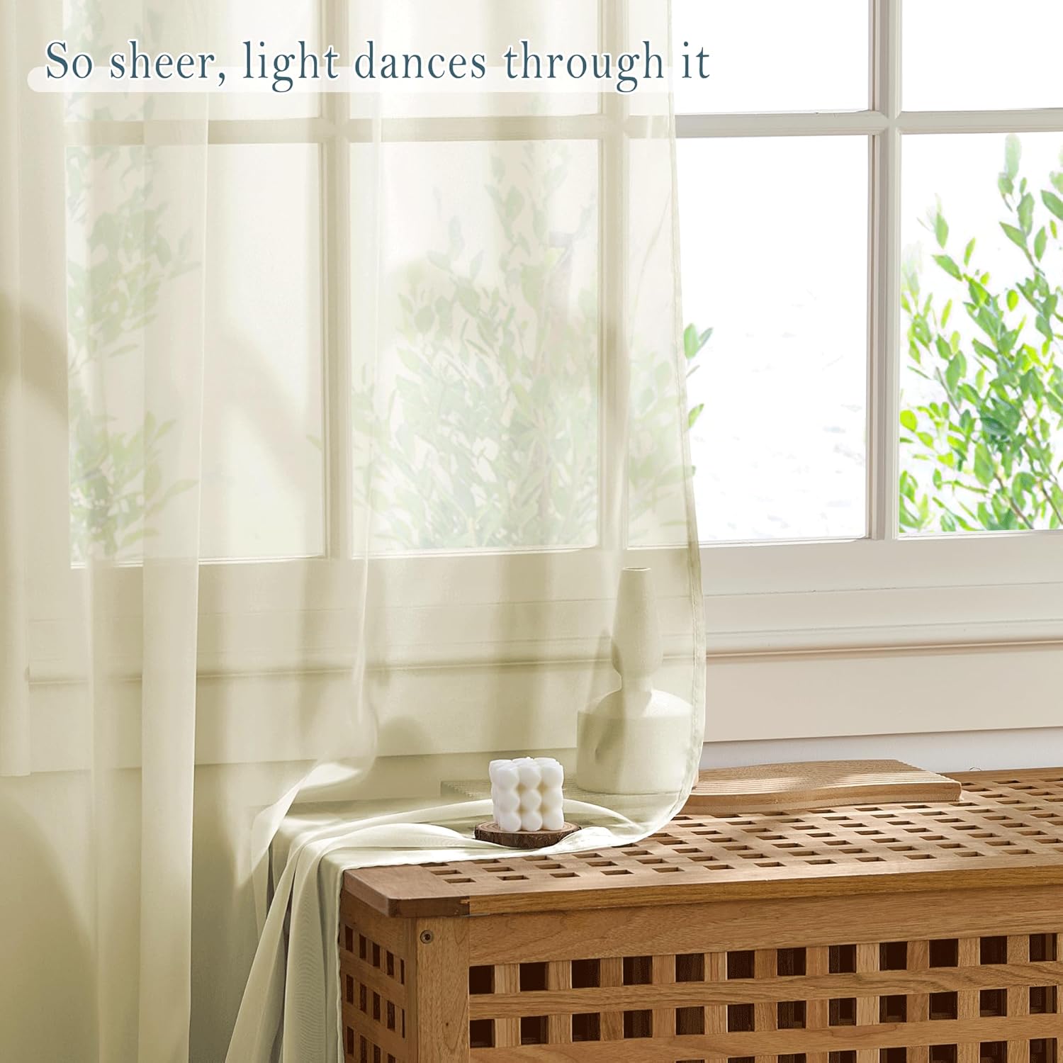 Detalle 2 de PONY DANCE Extra Long Net Curtains 55x102 inches – Creamy Beige Voile Panels (Set of 2)