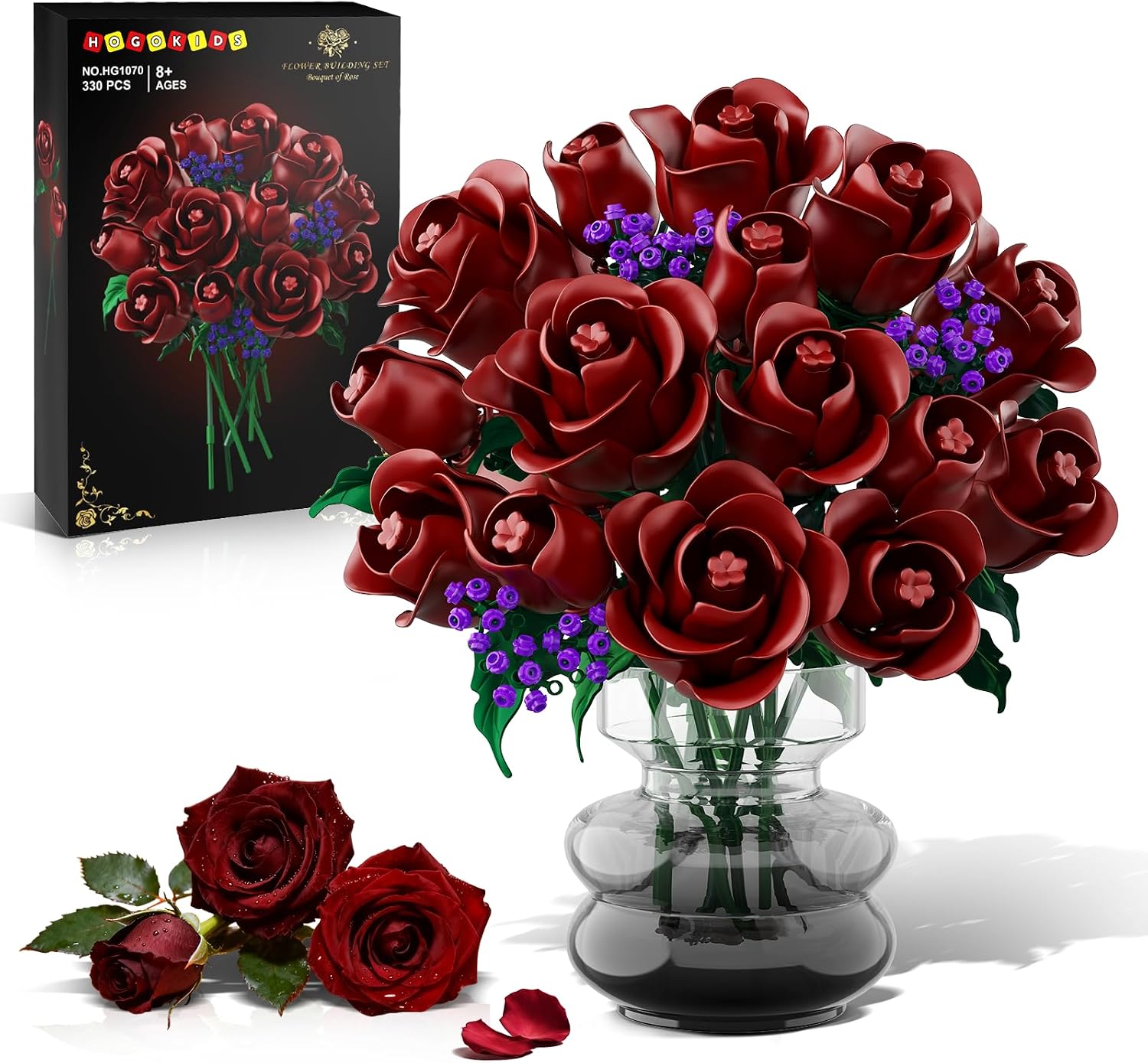 Detalle de HOGOKIDS Flowers Bouquet Building Set - 15 Burgundy Roses (330 pcs) for Home & Gift