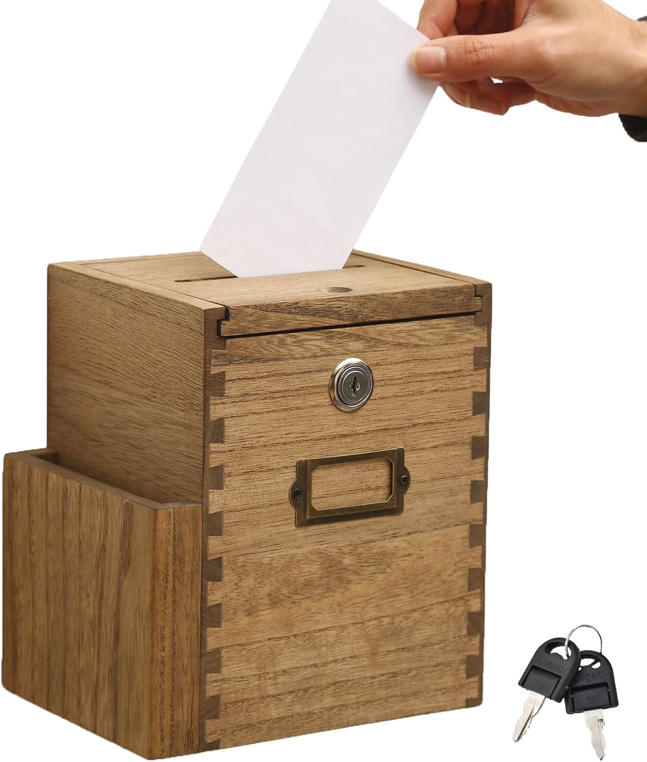 Detalle de KIRIGEN houten adviesbox met slot, zijvak en wandbevestiging