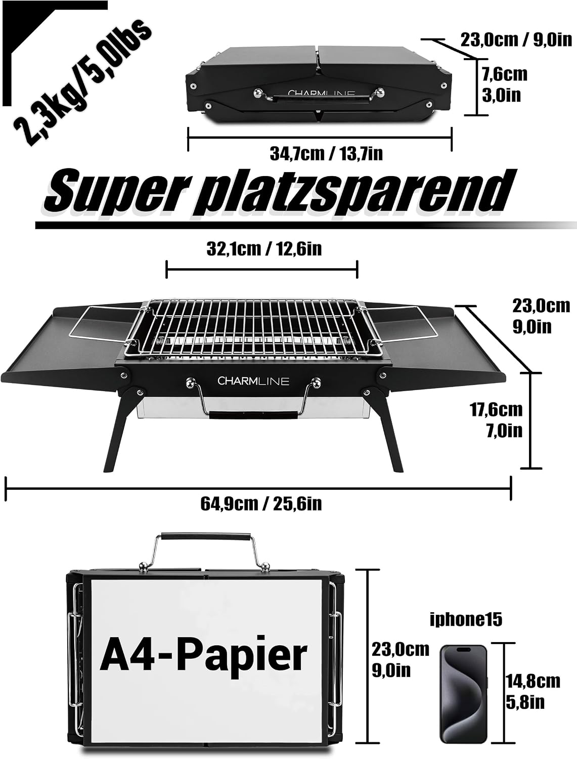 Detalle de Charmline Tragbarer Holzkohlegrill – Klappbarer Campinggrill, 35 x 23 cm für 1–3 Personen