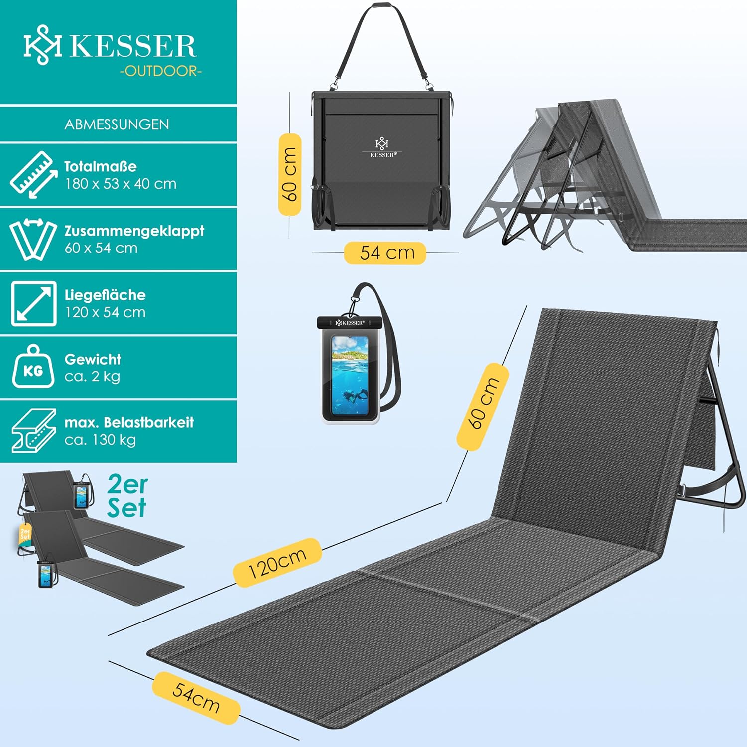 Thumbnail 1 de KESSER® 2er Set Strandmatte klappbar mit verstellbarer Rückenlehne – vielseitige Liege für Strand, Garten und Terrasse