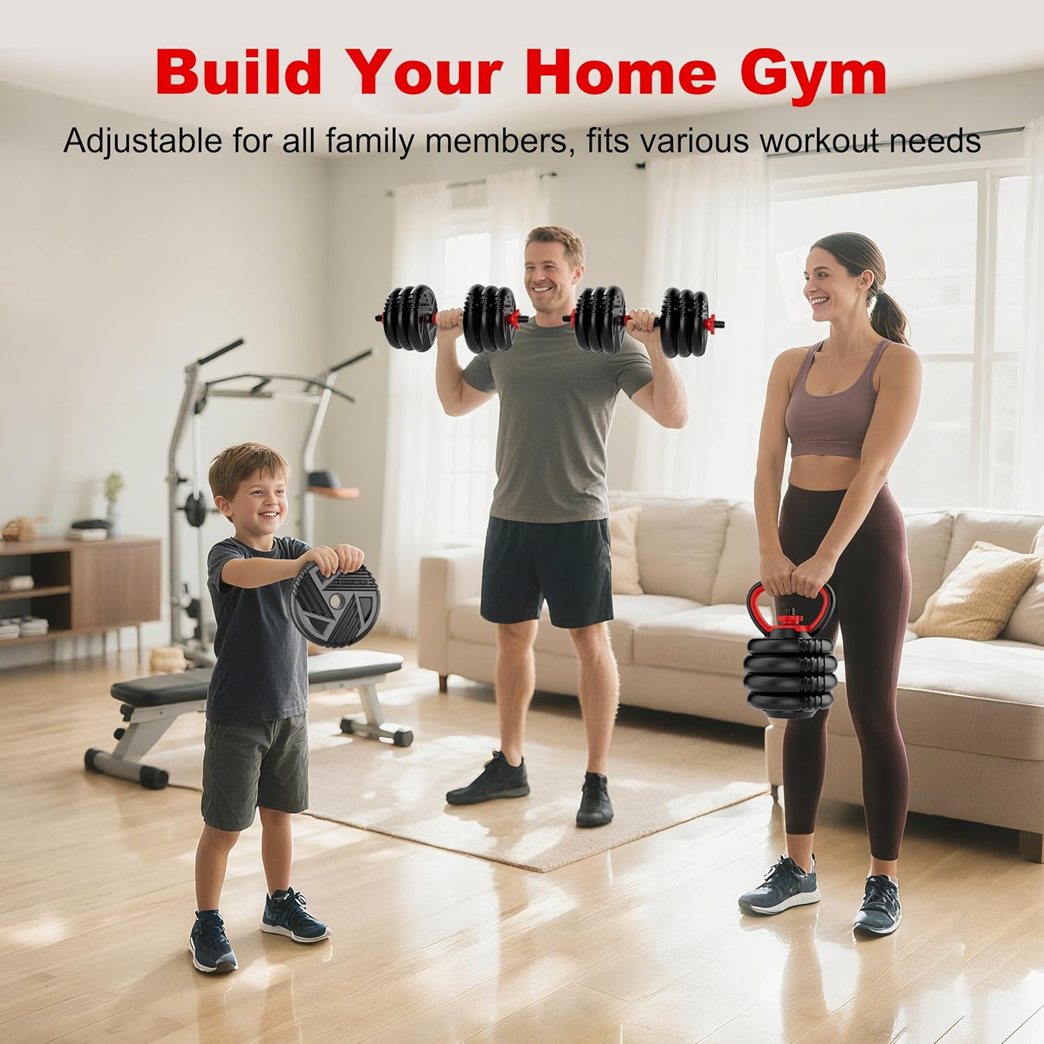 Detalle de Adjustable Dumbbell Set 5-in-1: 10/20/30/45/70/90 lbs, Converts to Barbell & Kettlebell for Home Gym