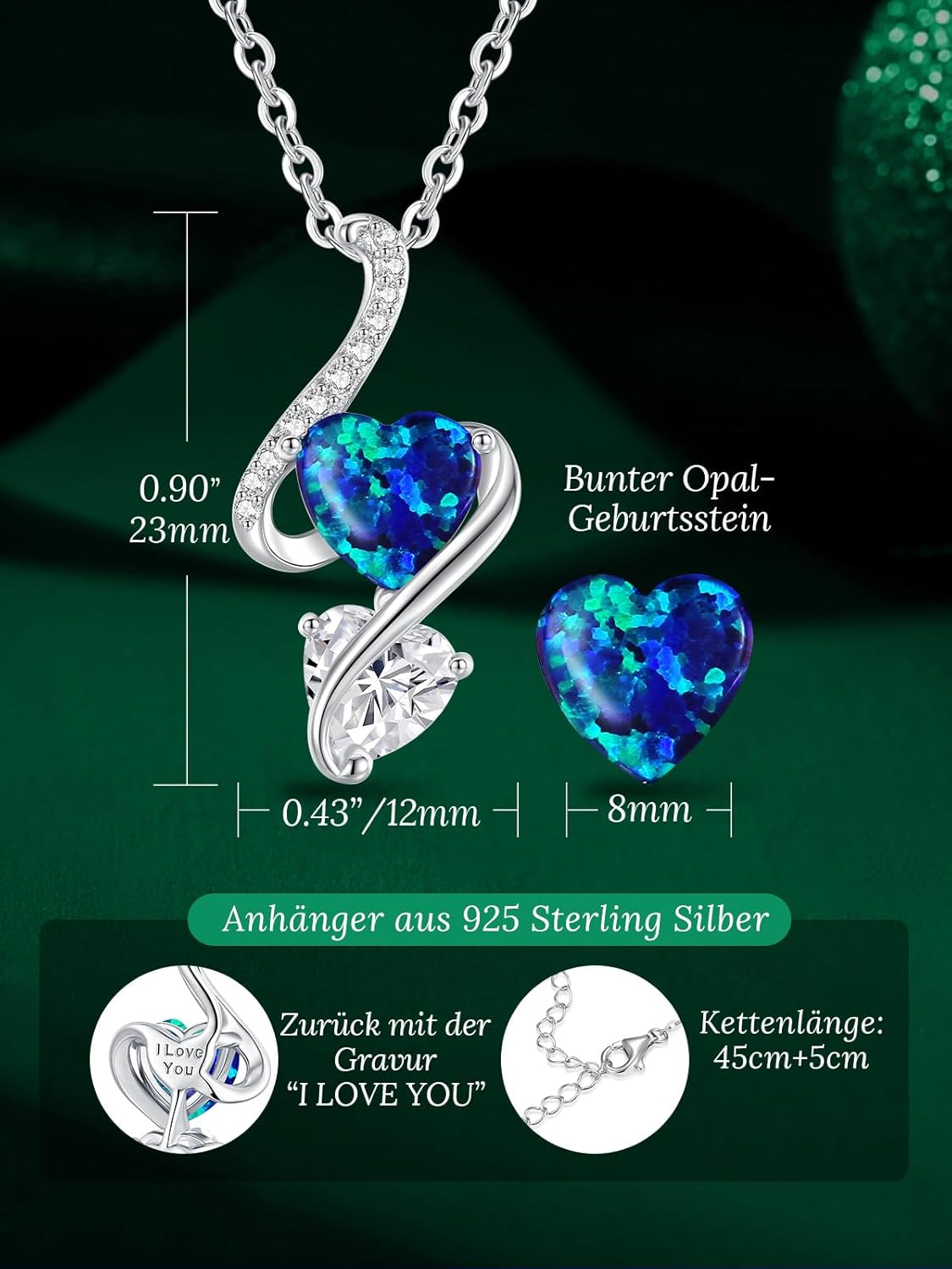 Thumbnail 4 de LOUISA SECRET Opal Doppelherz Halskette 45+5 cm
