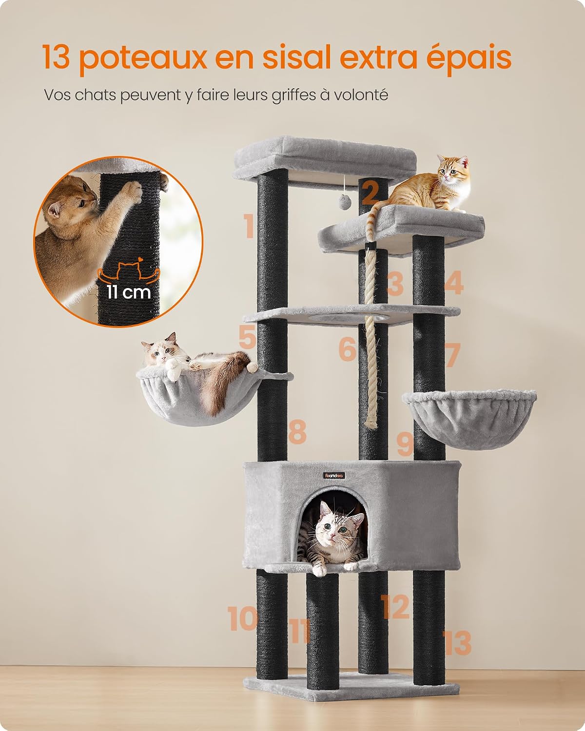 Detalle de Feandrea Grand Arbre à Chat à 5 niveaux XXL PCT008G02 (tour de jeux en sisal)