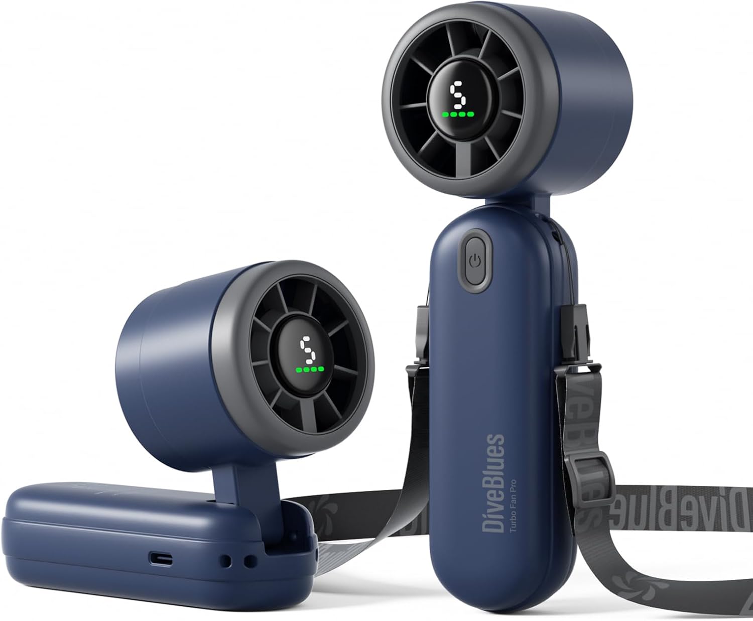 Detalle de Diveblues Quiet Handheld Turbo Fan (8.2m/s) – 3-in-1 pocket fan with LED display, rechargeable