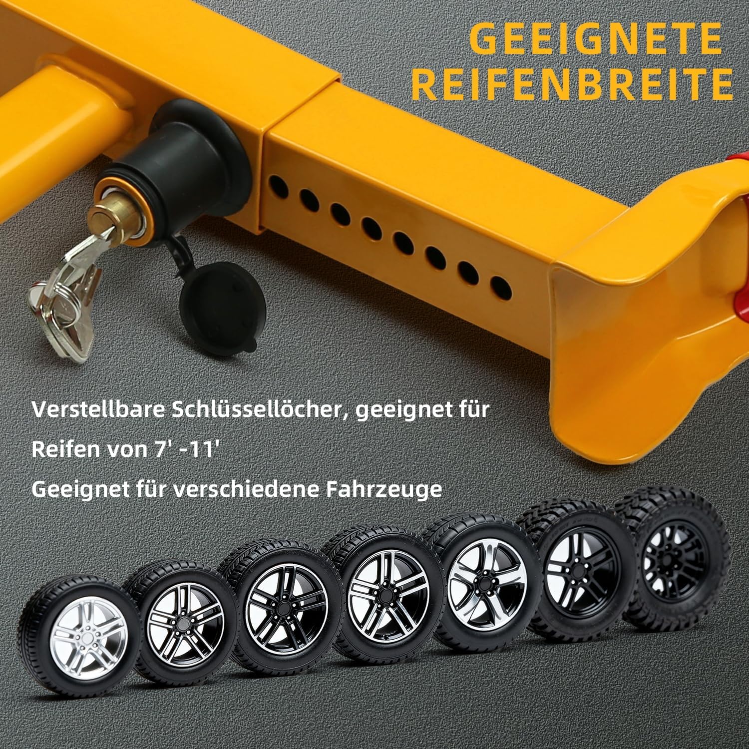 Detalle de AUTOWN Parkkralle Radkralle mit Hochsicherheitsschloss | 18–30 cm, Gelb/Rot, 3 Schlüssel