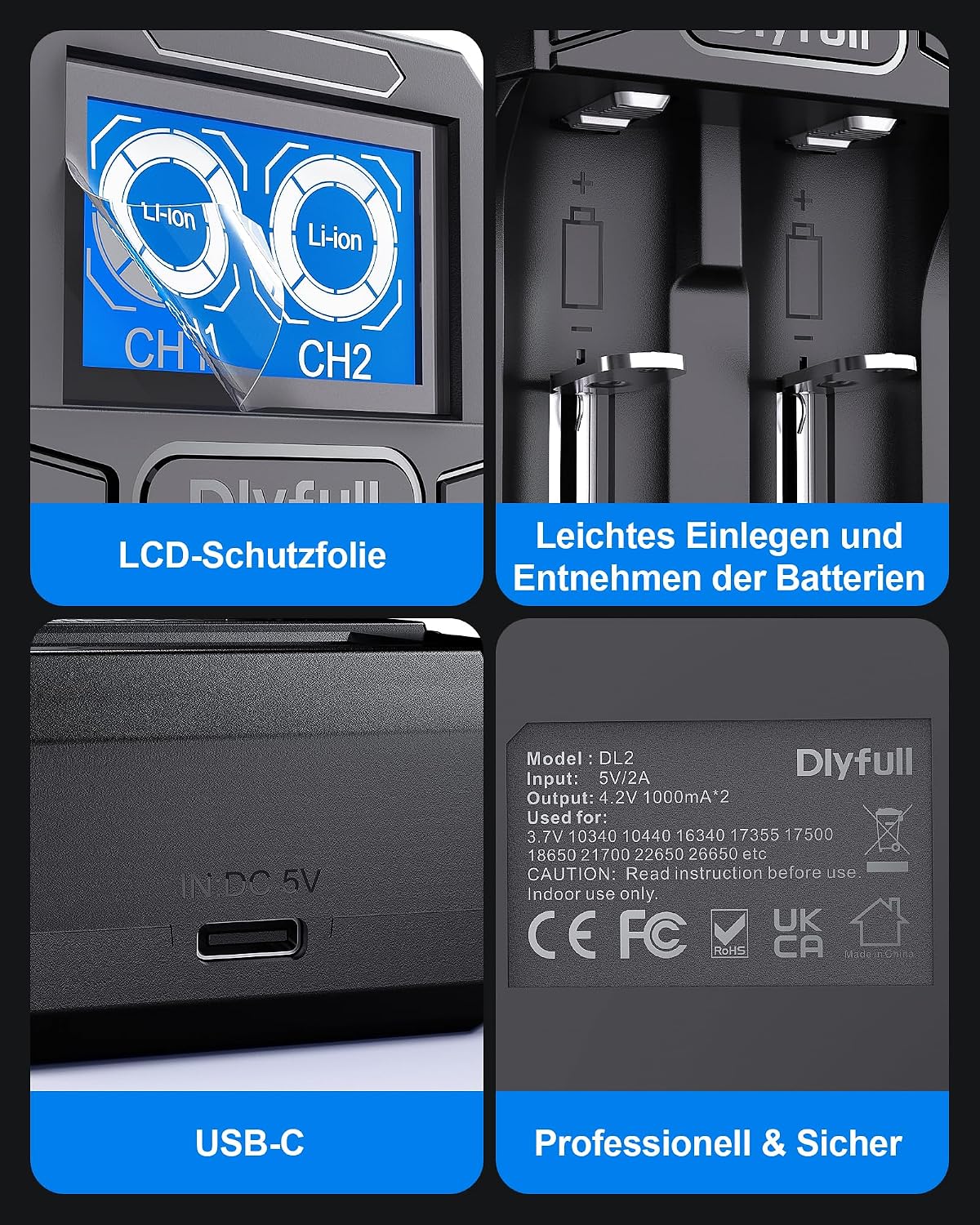 Detalle 2 de Dlyfull 18650 Ladegerät für 3,7 V Akkus