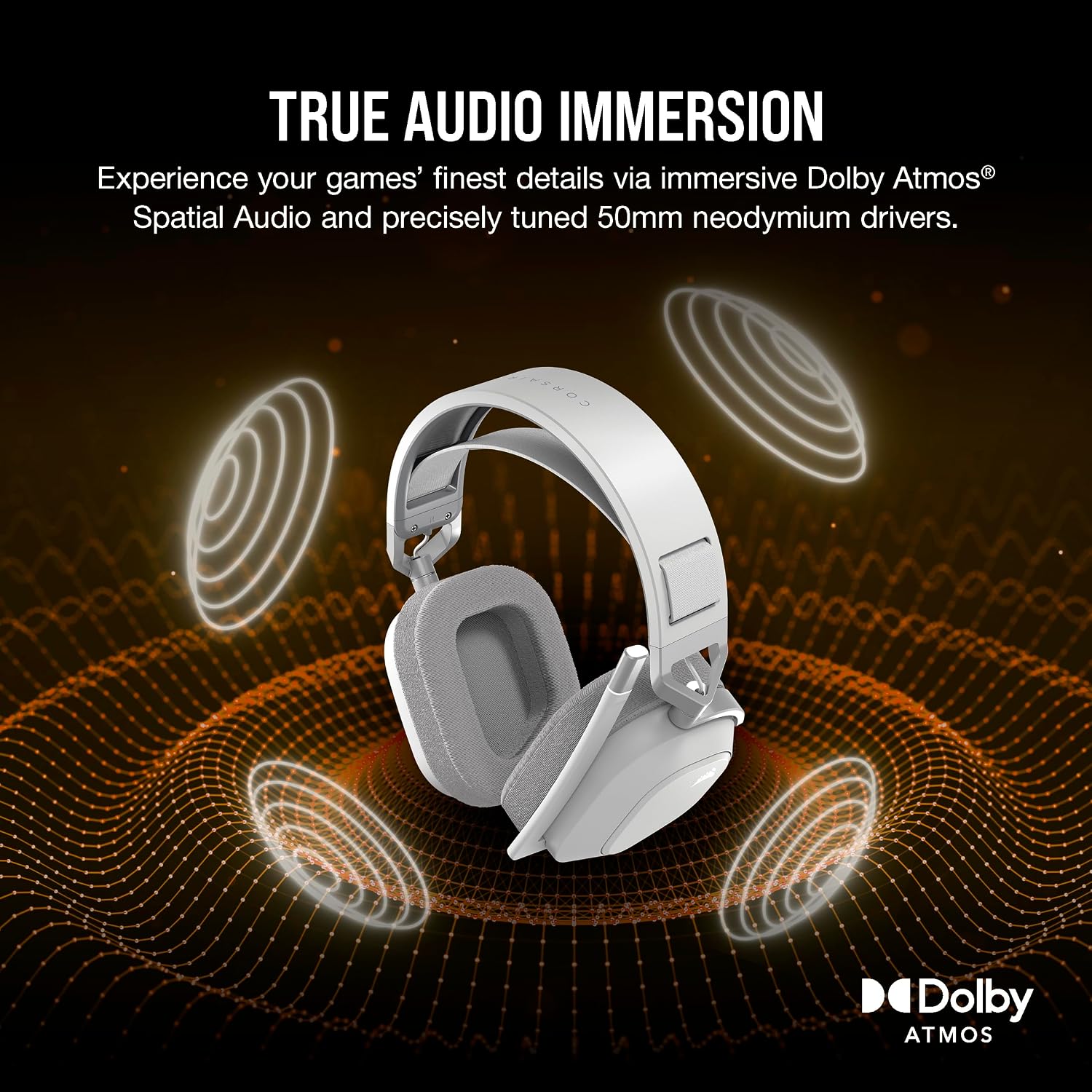 Detalle de Corsair HS80 MAX Wireless 2.4GHz + Bluetooth Gaming Headset (White) | Dolby Atmos, SonarWorks SoundID