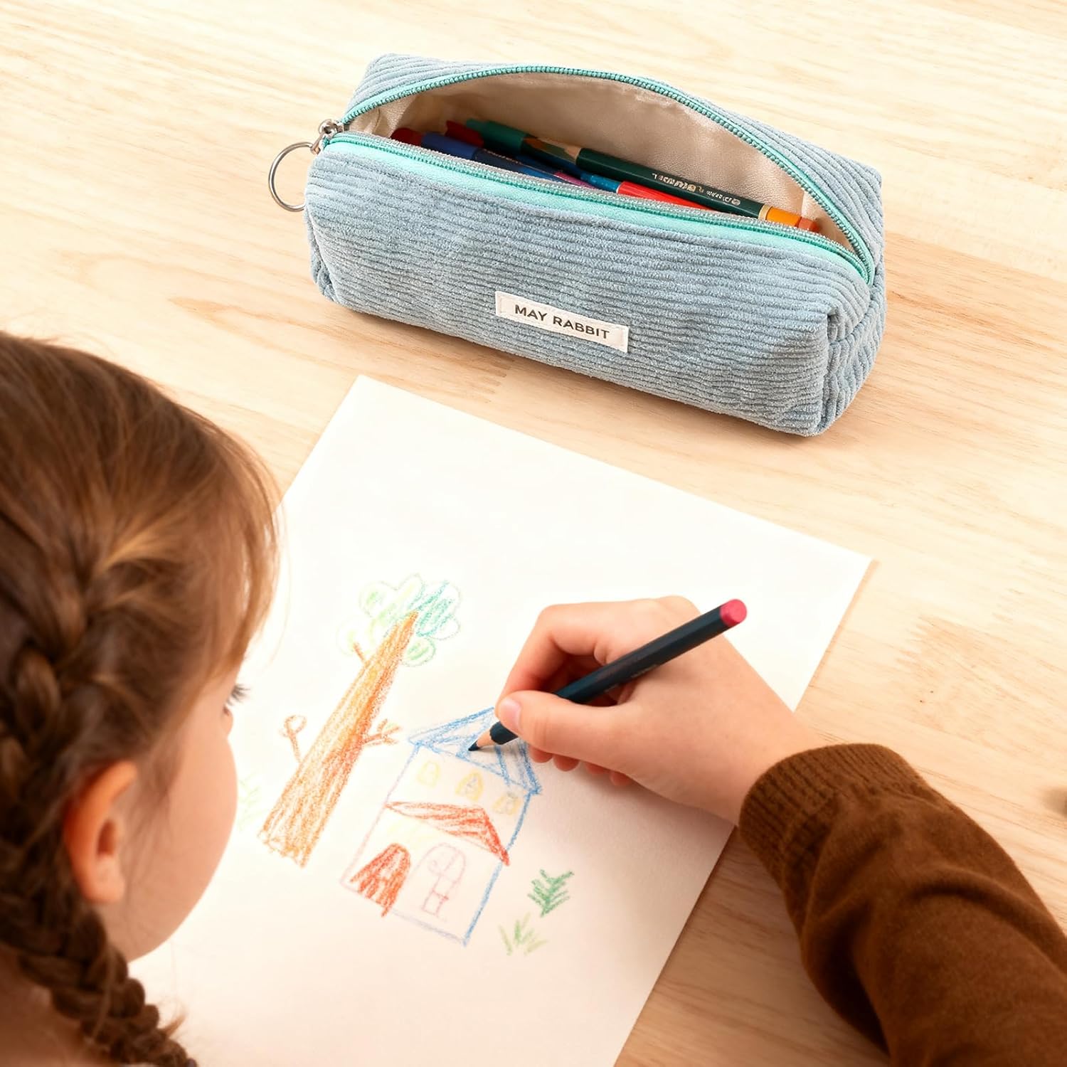 Detalle de Vfrdsa Corduroy Pencil Case – Blue, Large Capacity for Stationery Storage