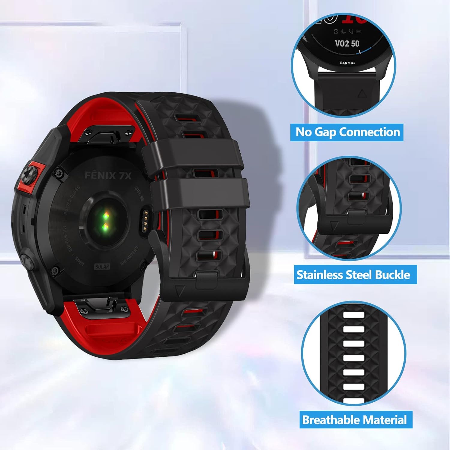 Detalle de LanQii QuickFit Silikonarmband 26 mm für Garmin (schwarz+rot) – Ersatzband für Tactix 8, Fenix 8/7/6/5, Enduro und Descent