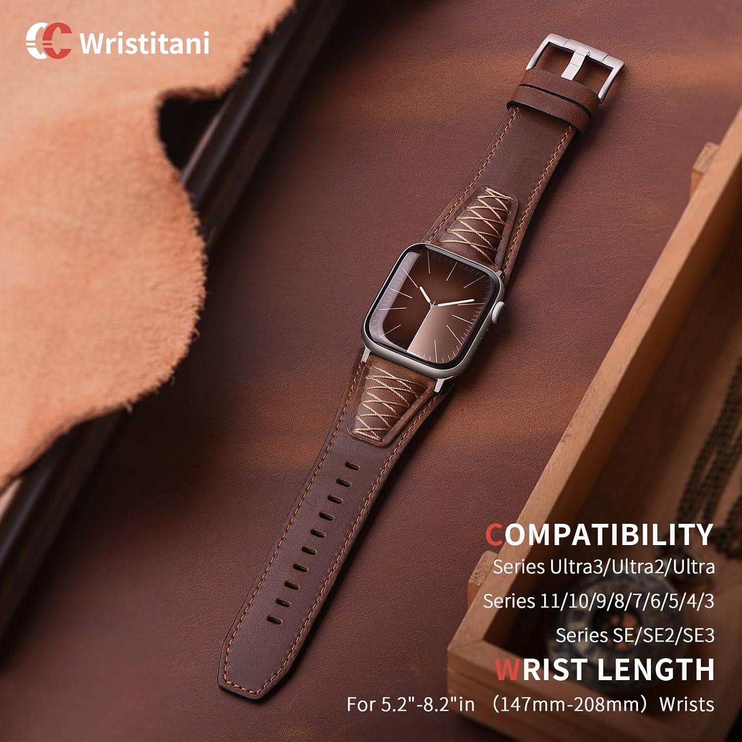 Detalle de Bracelets en cuir Wristitani pour Apple Watch 44–49 mm — cuir véritable et design maillé, haut de gamme