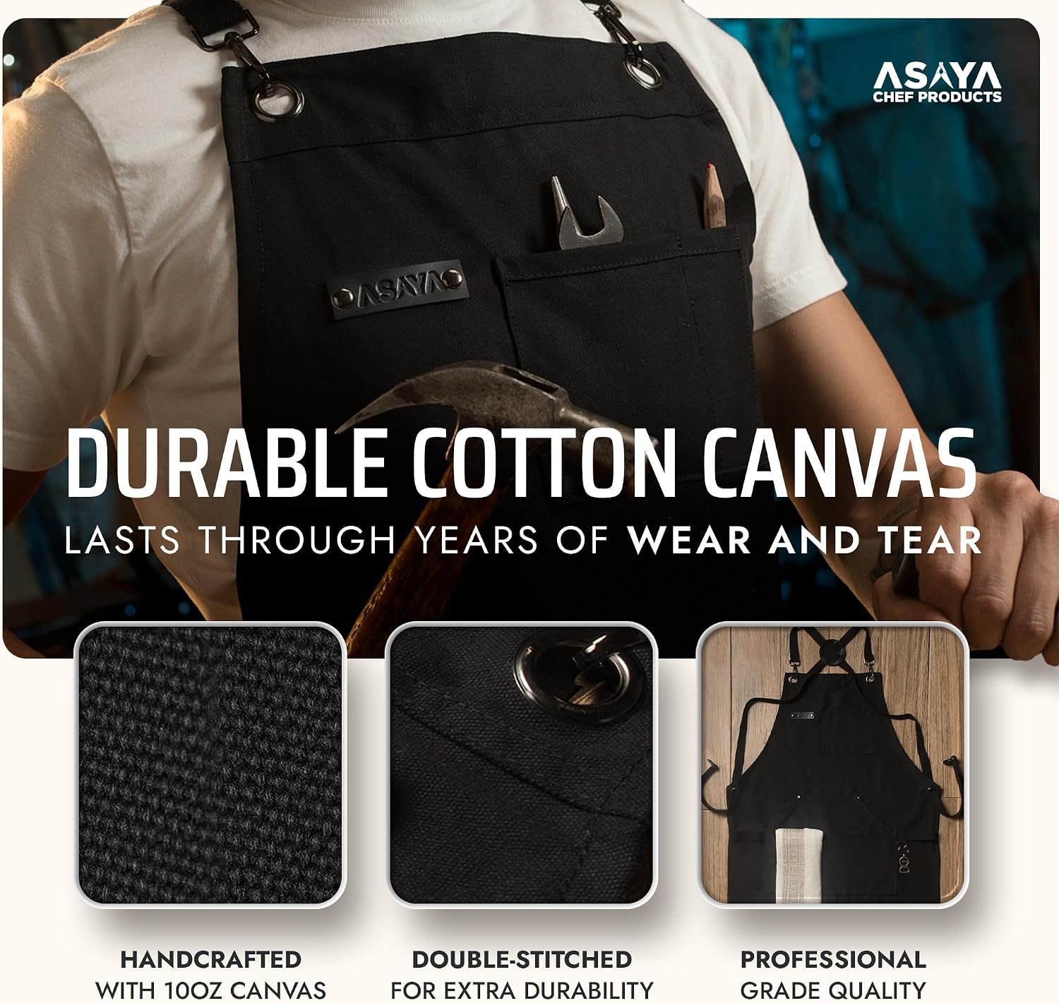 Thumbnail 2 de Asaya Chef and BBQ Apron with Bottle Opener and Hand Towel — 10oz Cotton Canvas, Cross Back Straps