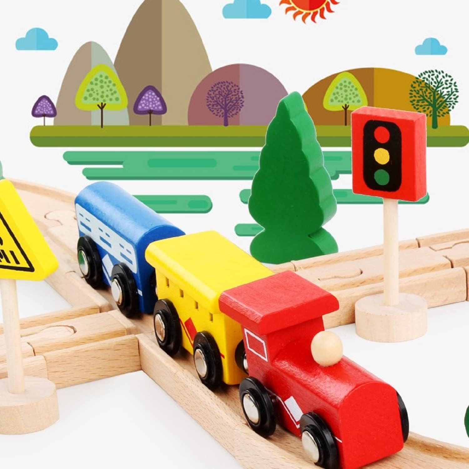 Detalle de Giocattolo per ferrovia in legno da 33 pezzi per bambini – compatibile con Thomas, Brio e altre marche