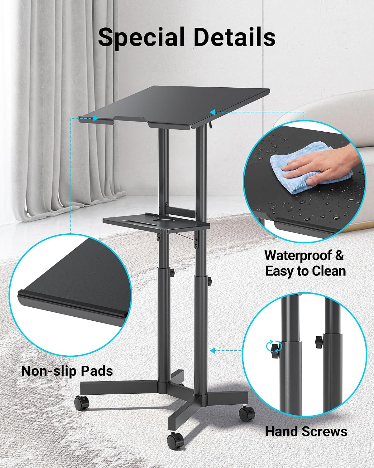 Thumbnail 2 de BONTEC Adjustable Mobile Laptop Desk with Wheels (60x40 cm) – Rolling Stand-Up Workstation