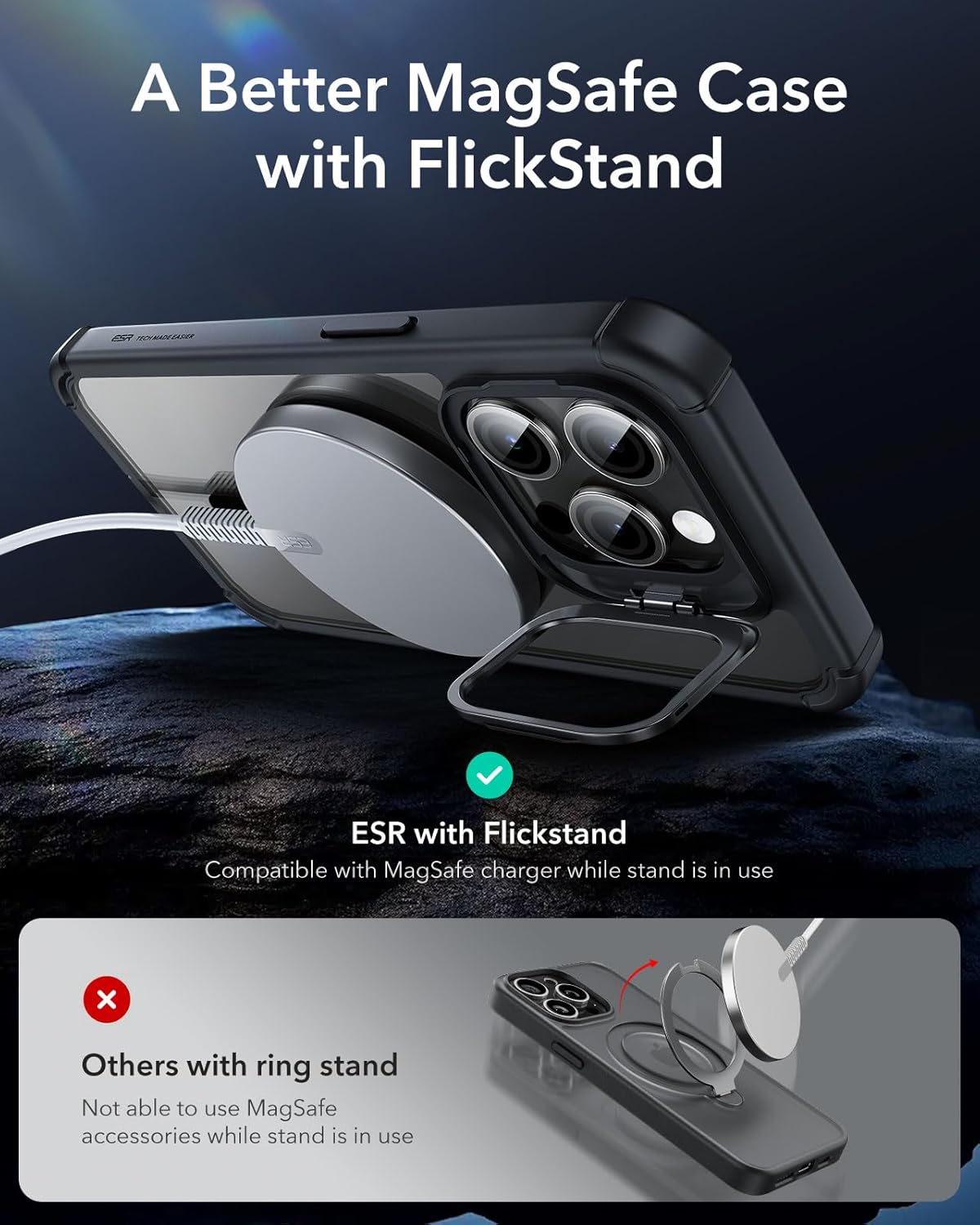 Thumbnail 2 de ESR Armor Series iPhone 14 Pro Max Case with Stand + Built-In Tempered Glass Screen Protector (MagSafe Compatible) — Clear Black