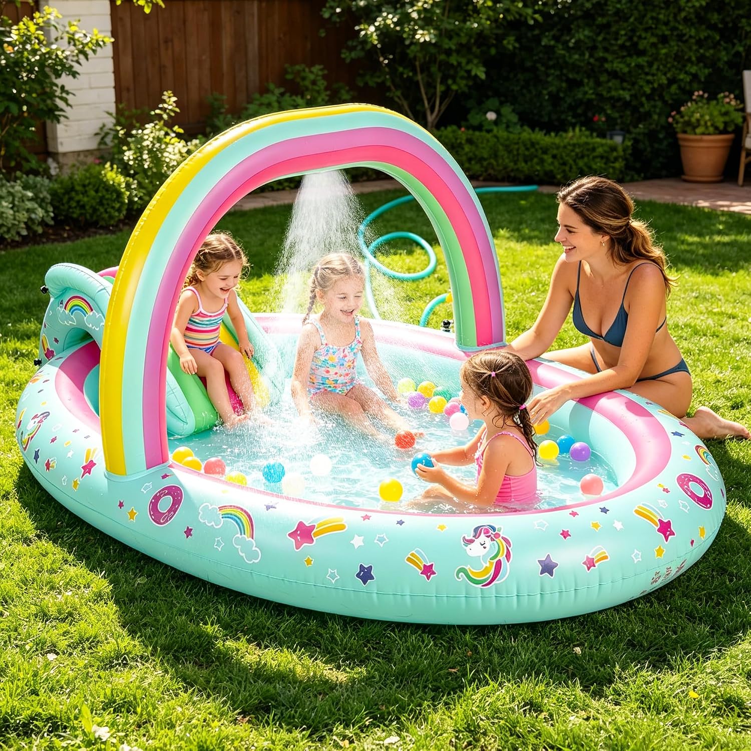 Detalle de SULIFEEL Rainbow Unicorn Inflatable Play Center: 96'' x 59'' x 39'' Kiddie Pool with Slide and Sprinkler