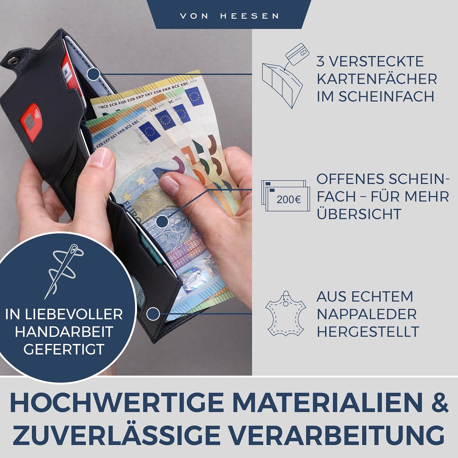 Thumbnail 3 de VON HEESEN Slim Wallet mit XL Münzfach & RFID-Schutz – Mini Geldbörse aus Nappa-Leder, Blau