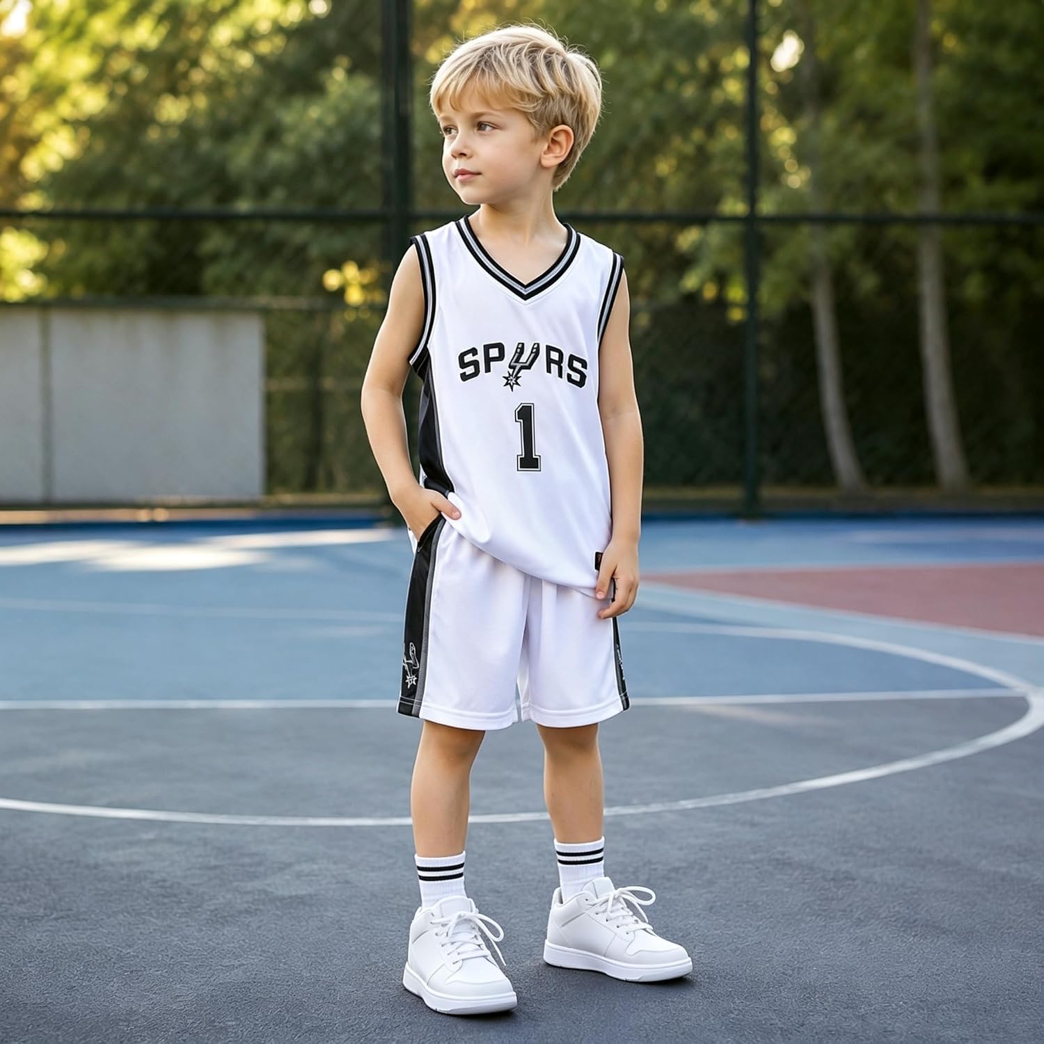 Detalle 2 de FUTERLY basketbalset voor kinderen, maat 4, mouwloos meshshirt met short