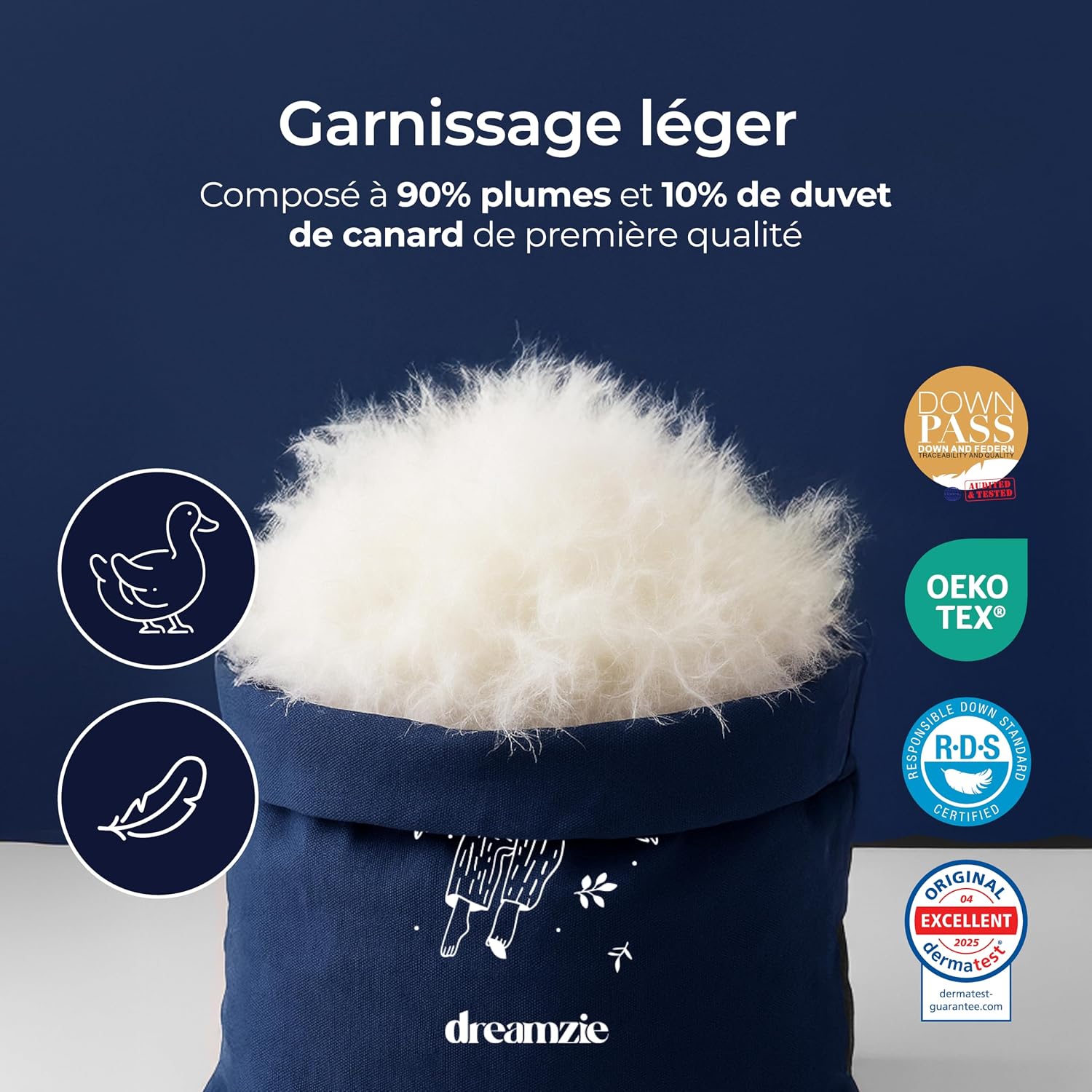 Detalle de Dreamzie couette plume de canard Ultra Confort 220x240 cm (450 gsm) certifiée Oeko-Tex, RDS & Downpass