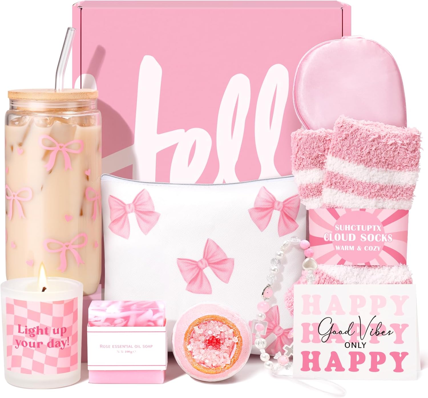 Detalle de Gift Baskets for Women - 9pc Teen & Women Self-Care Gift Set with Coquette Bow Glass Cups