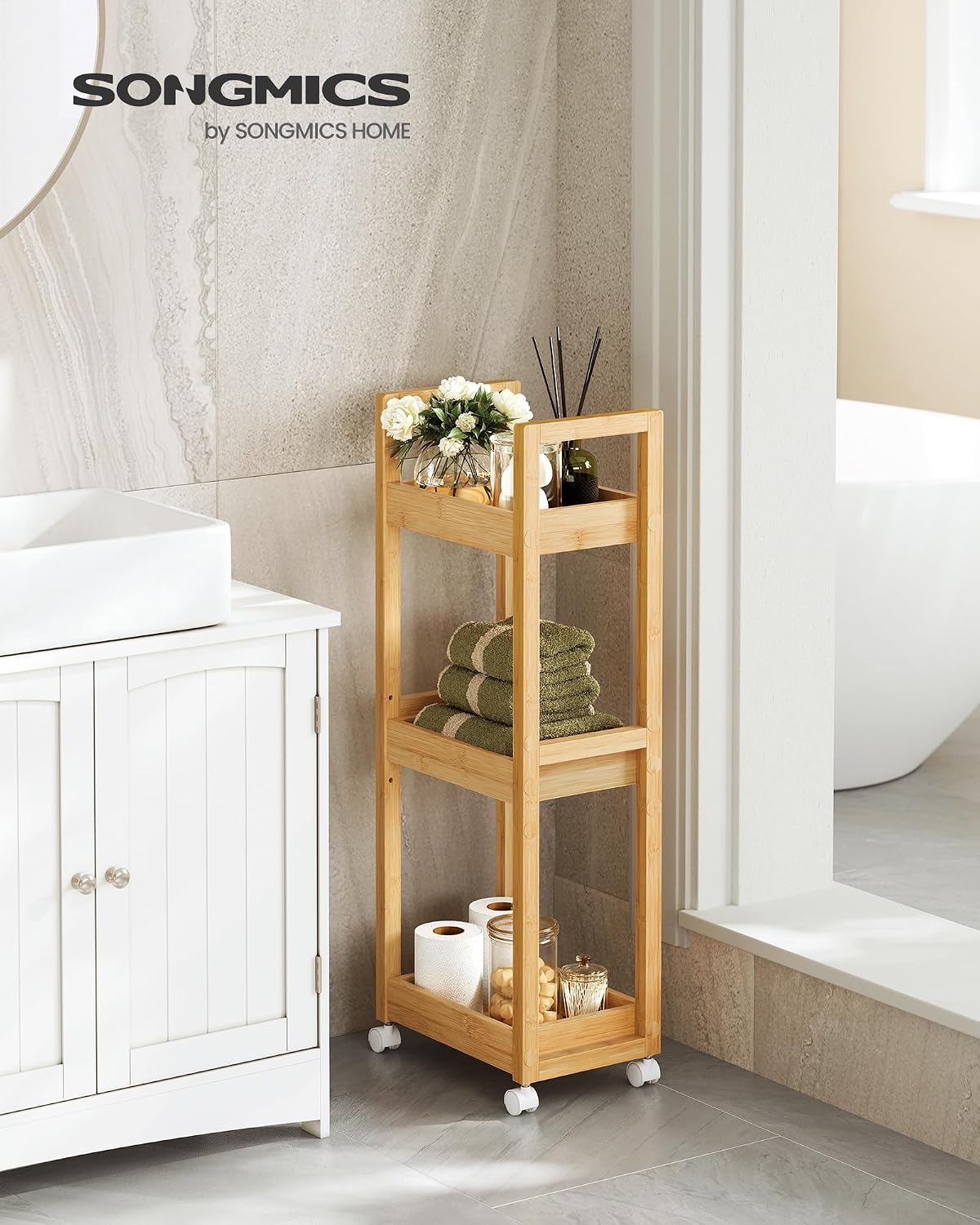 Thumbnail 2 de SONGMICS Carrellino Salvaspazio Bambu 3 Ripiani con Ruote, 20 x 30 x 80 cm, Beige Naturale – BCB083N01