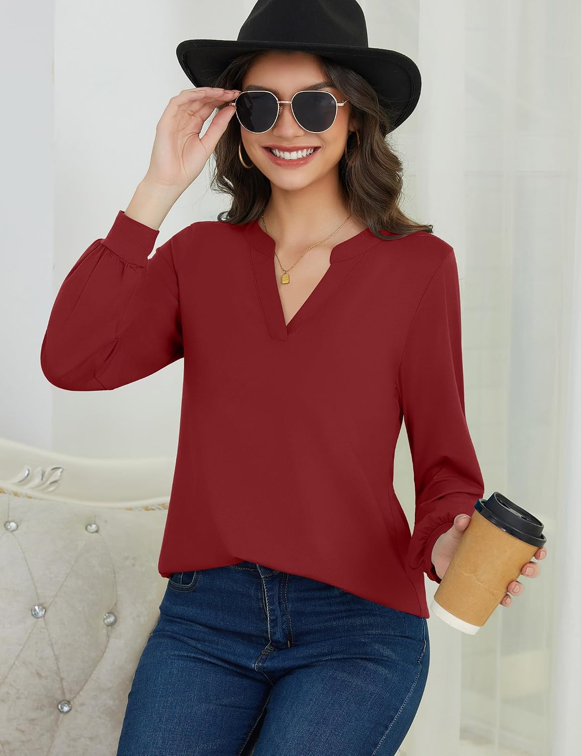 Thumbnail 3 de Beluring Langarmshirt Damen Elegant V-Ausschnitt