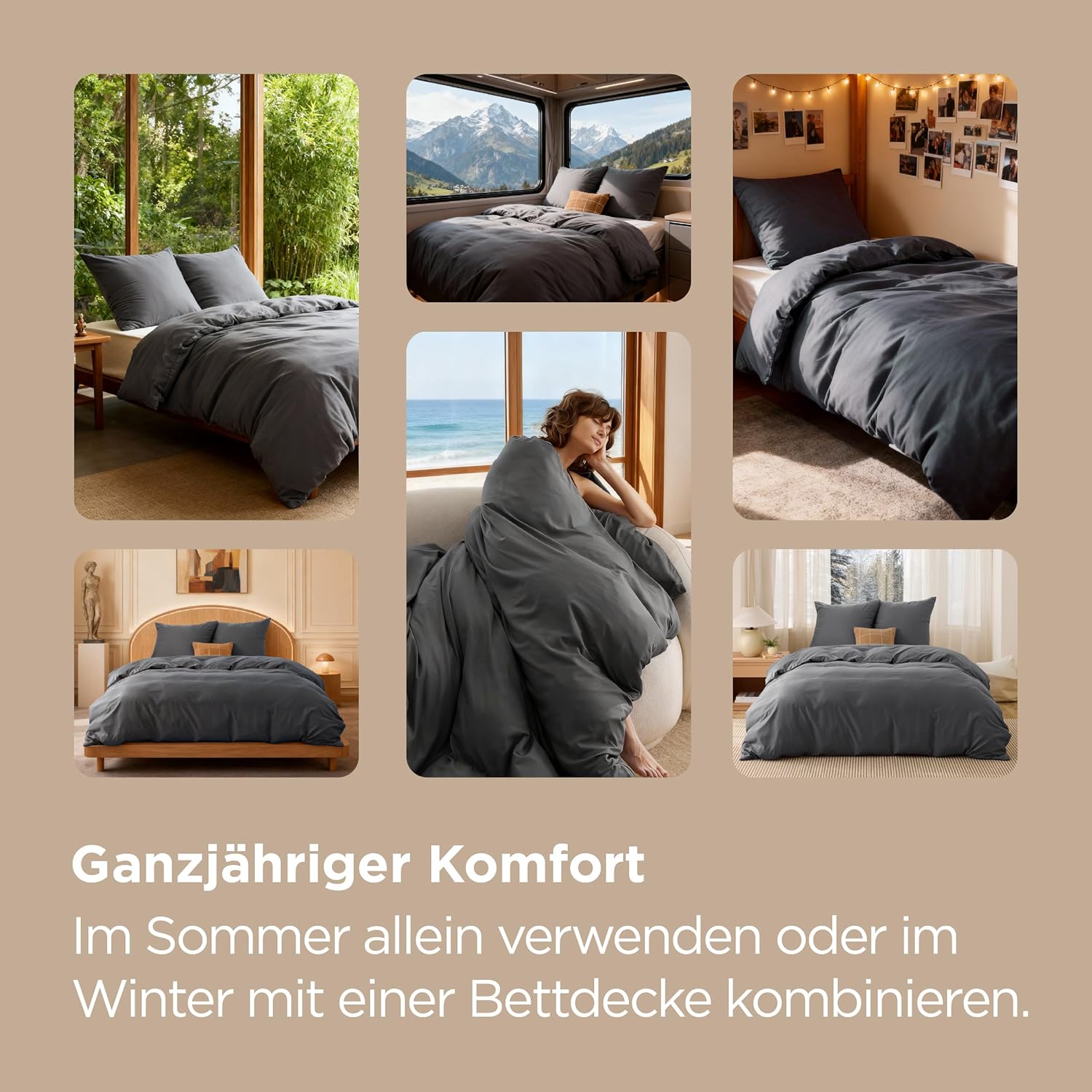 Detalle de BEDSURE Bettwäsche 220x240 3-teilig Anthrazit – ÖKO-TEX, Mikrofaser, Reißverschluss