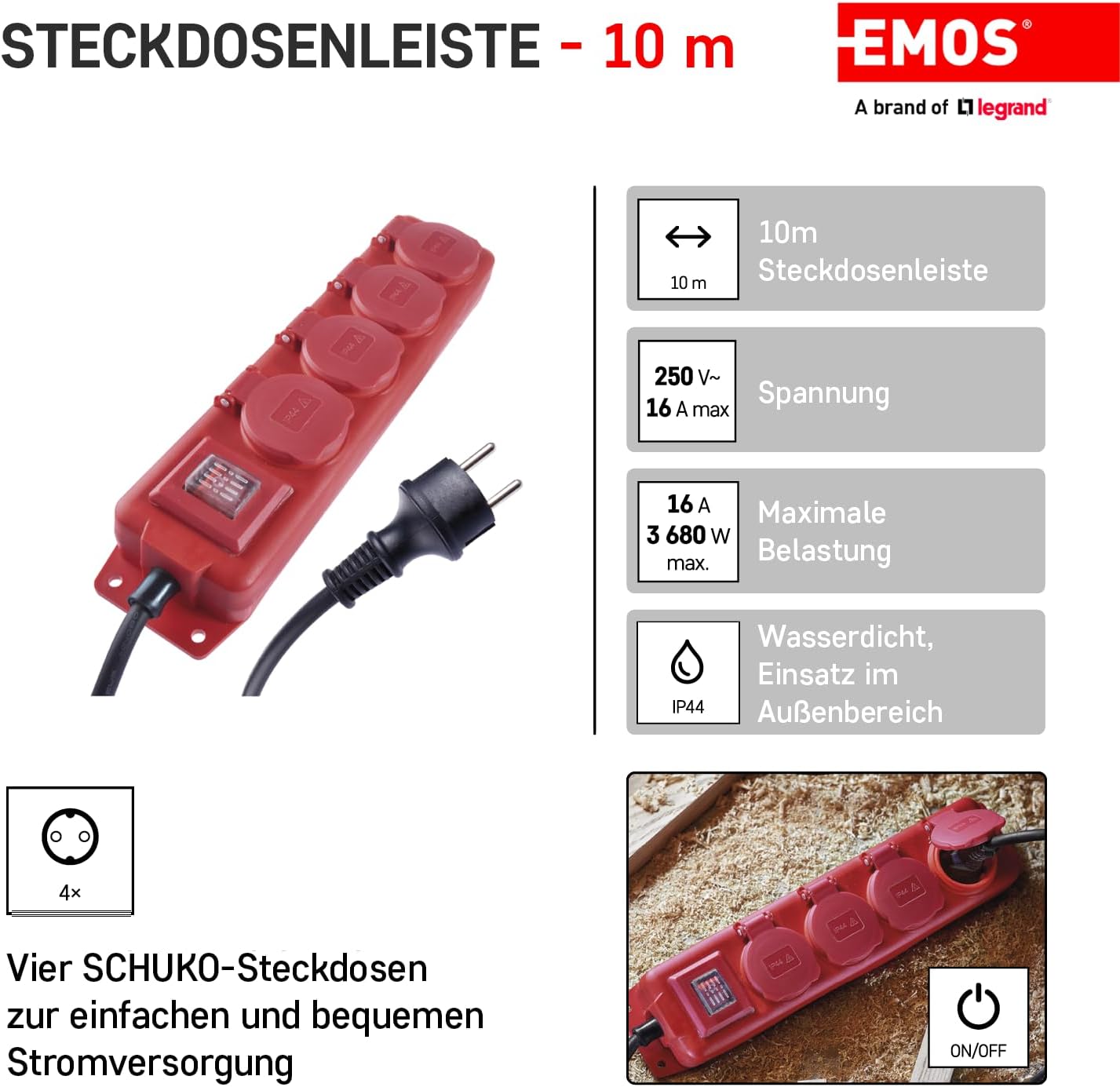Thumbnail 1 de EMOS 4-fach Steckdosenleiste 10 m mit Schalter, IP44 für Außenbereich – 4 Schuko, 250 V/16 A (3680 W)