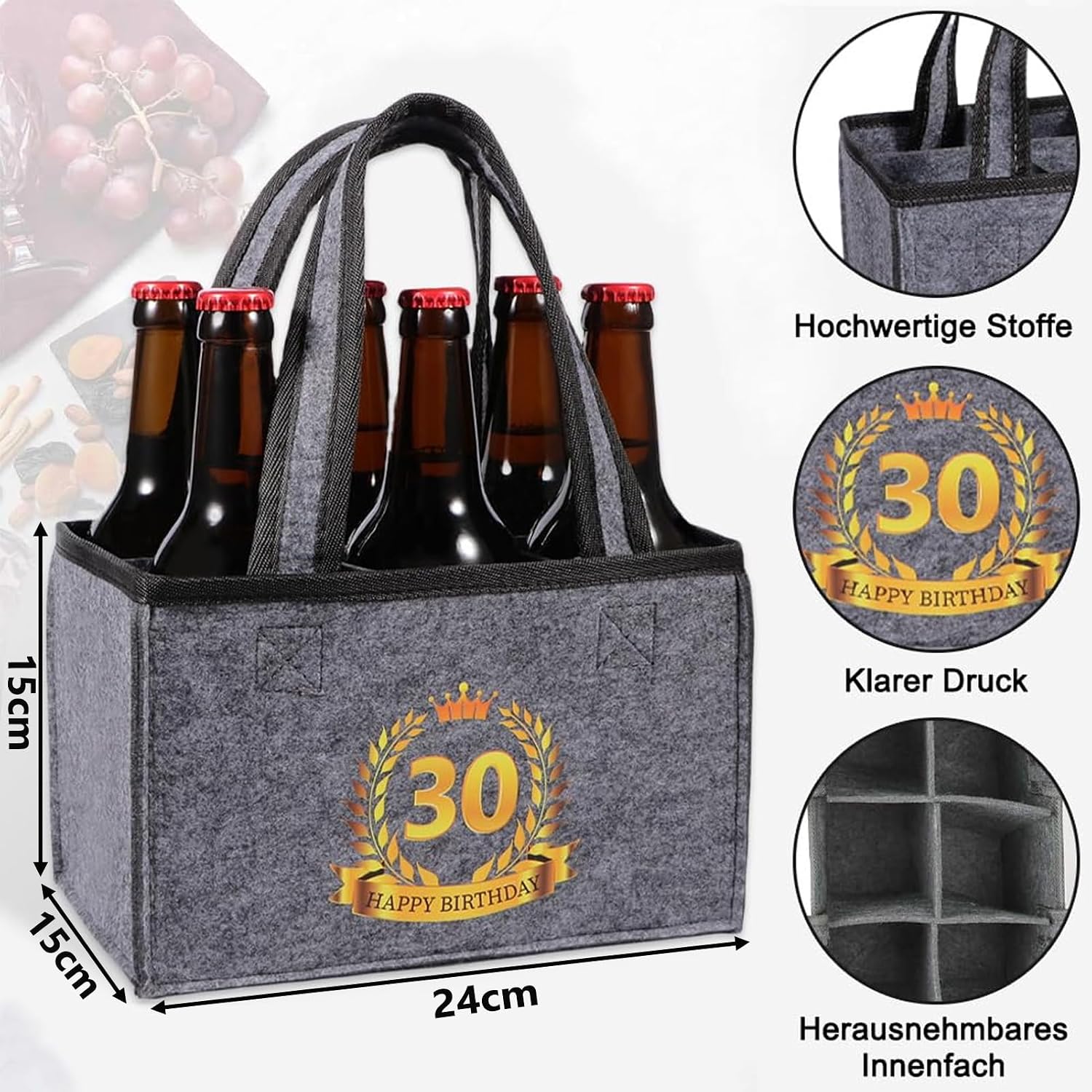 Detalle de Anicy 30th Birthday Gifts Bottle Carrier – 6-Bottle Felt Bag (Grey)