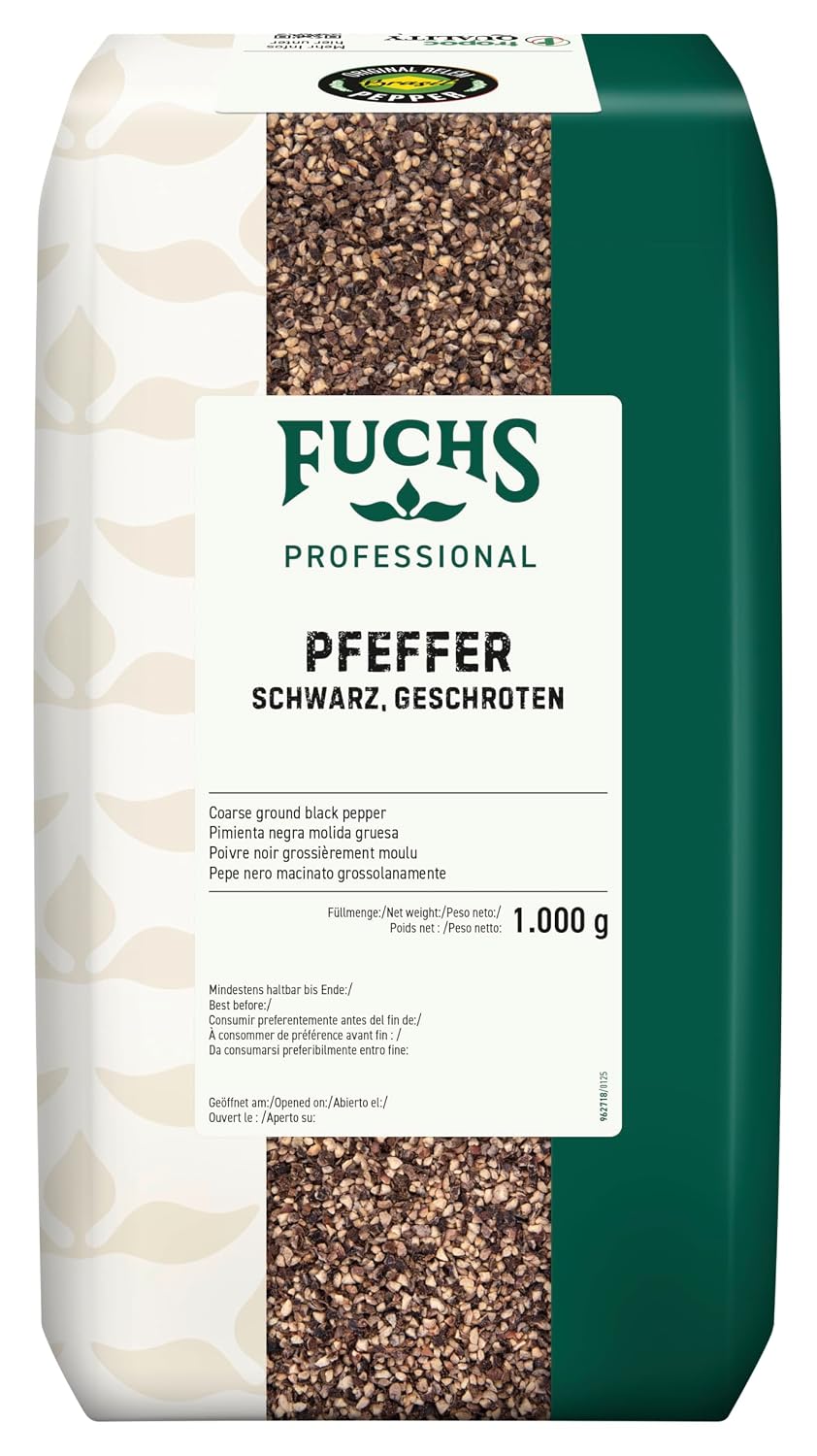 Fuchs Professional Pfeffer schwarz geschrotet – 1 kg im Beutel, grob gemahlen, mit Streuaufsatz