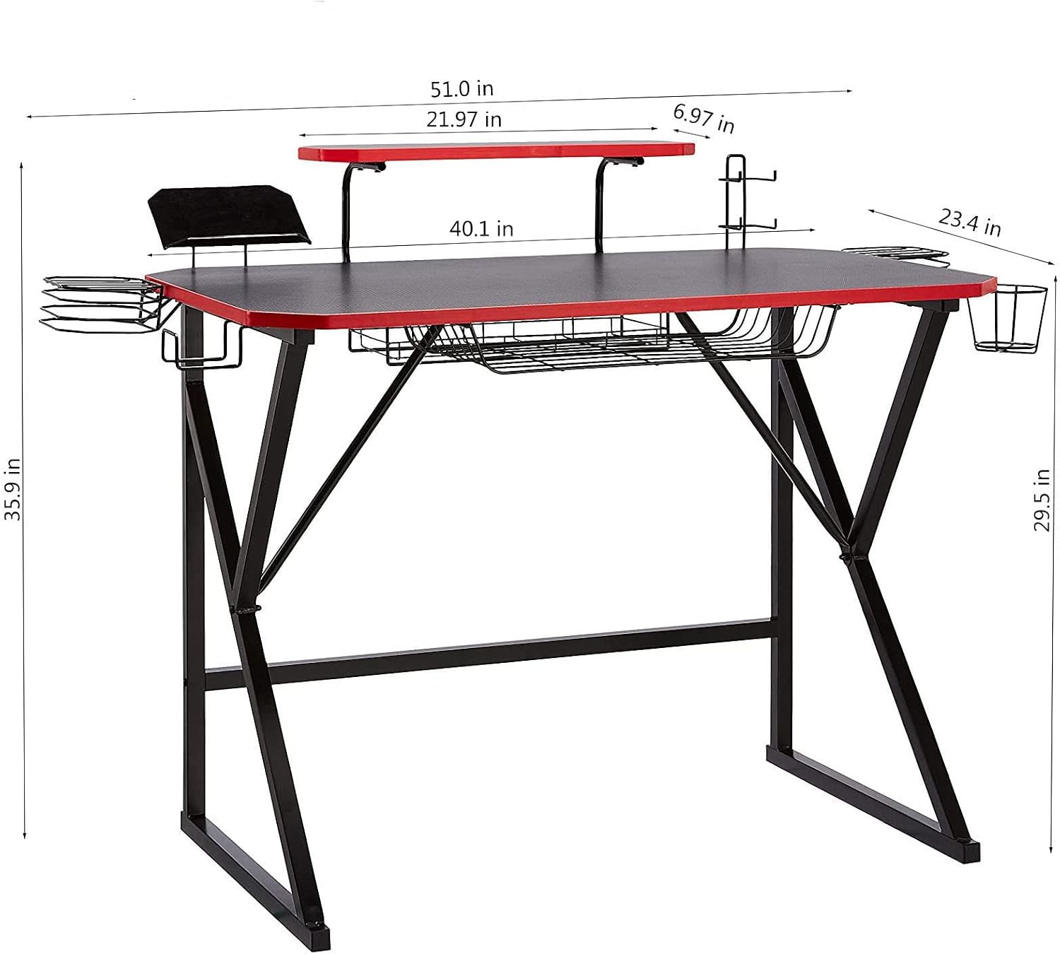 Detalle de Amazon Basics Scrivania Rettangolare per PC e gaming con vani portaoggetti – 130 x 60 x 90 cm, rosso
