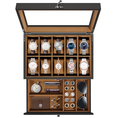 Scatola Porta Orologi Uten a 10 Scomparti, 2 Livelli in Legno di Paulownia con Coperchio in Vetro