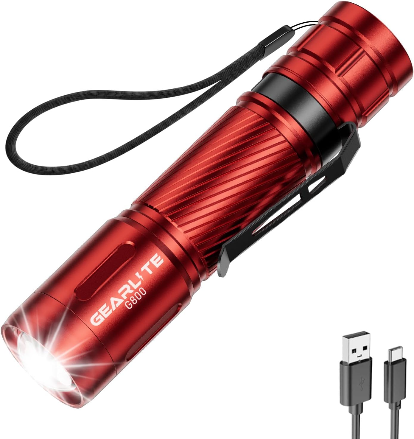 Detalle de GEARLITE G800 Mini LED-Taschenlampe mit Akku, 2000 Lumen, zoombar, 3 Modi, IP65 (rot)