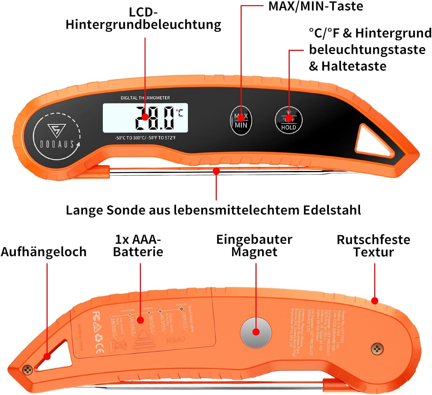 Thumbnail 6 de DOQAUS Fleischthermometer Digital – präzise 3‑Sekunden-Lesung mit LED-Hintergrund und faltbarer Sonde