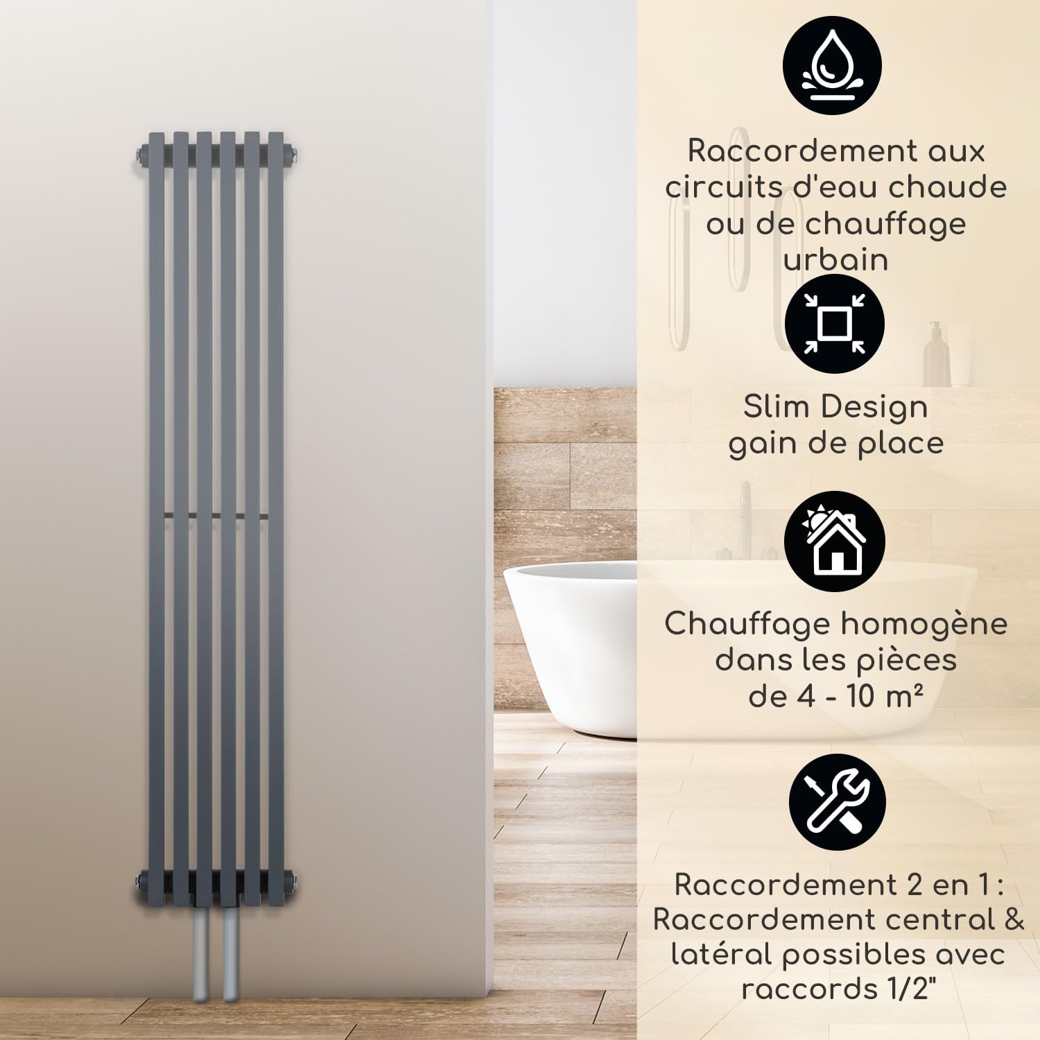 Detalle de Besoa Delgado radiateur 120x25 gris slim 2-en-1, 6 nervures verticales, montage mural (508 W/max)